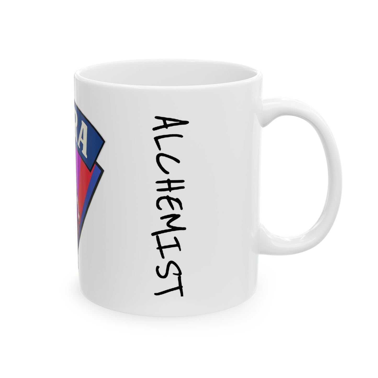 White mug with 'Alchemist' text and colorful logo on a white background