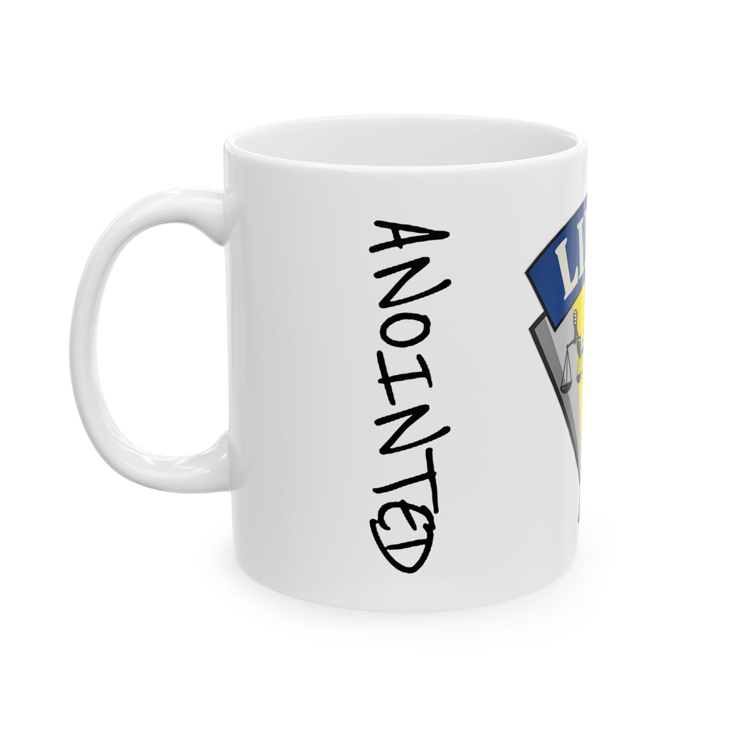 White mug with 'ANOINTED' text and a logo on a white background