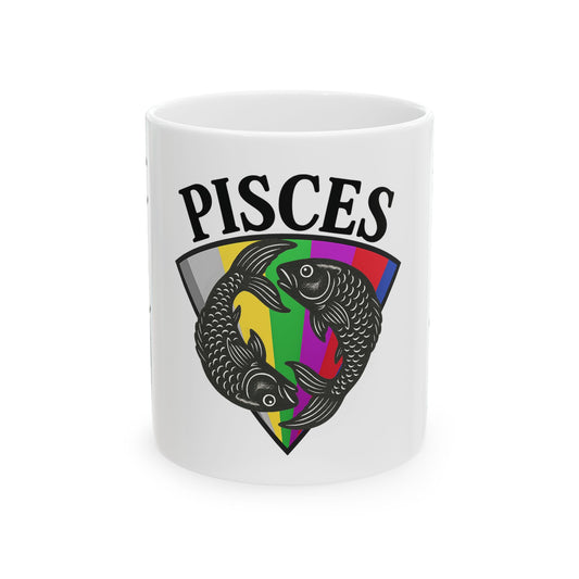 White mug with Pisces zodiac sign design on a white background