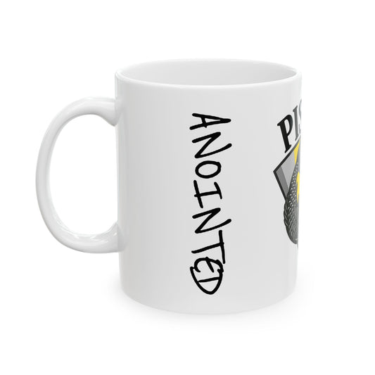 White mug with 'ANointed' text and logo on a white background