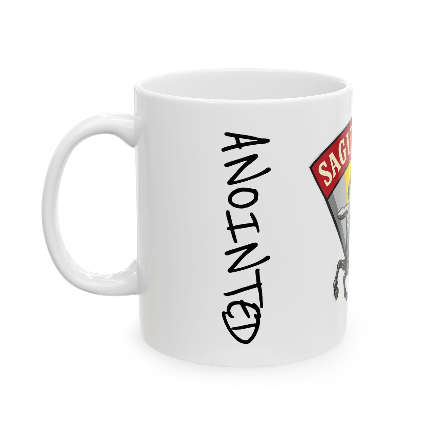 White mug with 'ANOINTED' text and a logo on a white background