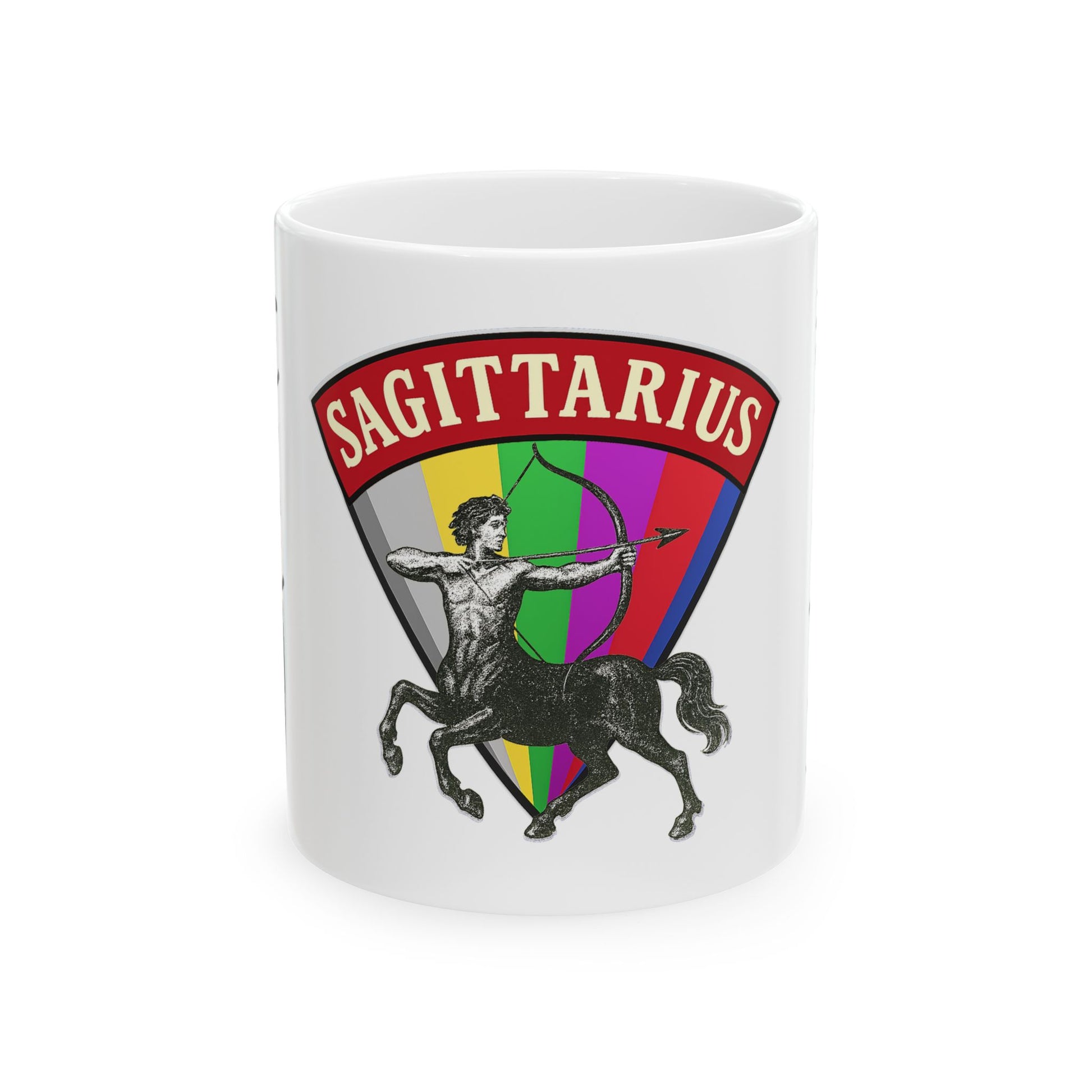 White mug with Sagittarius zodiac sign design on a white background