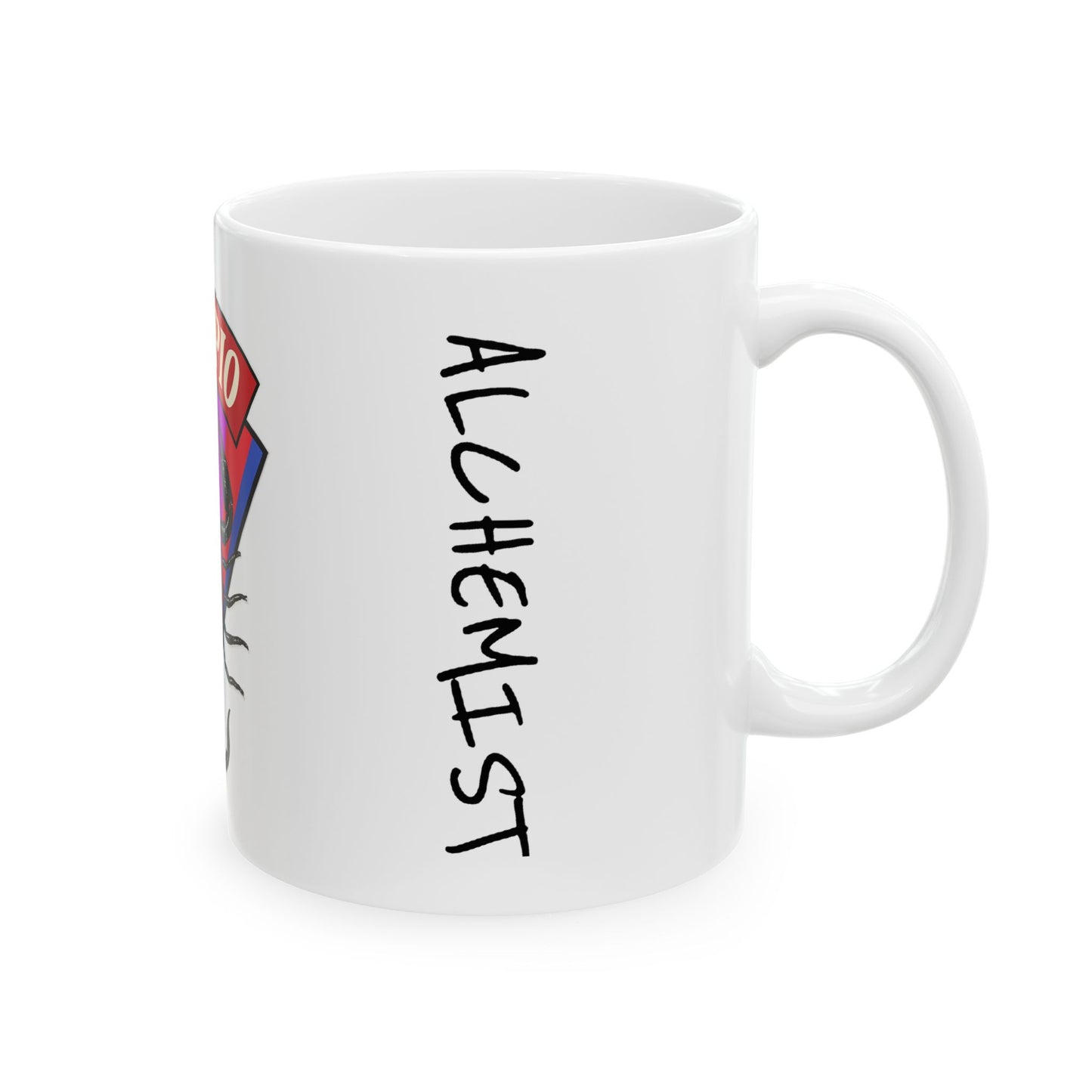 White mug with 'ALCHEMYST' text on a white background