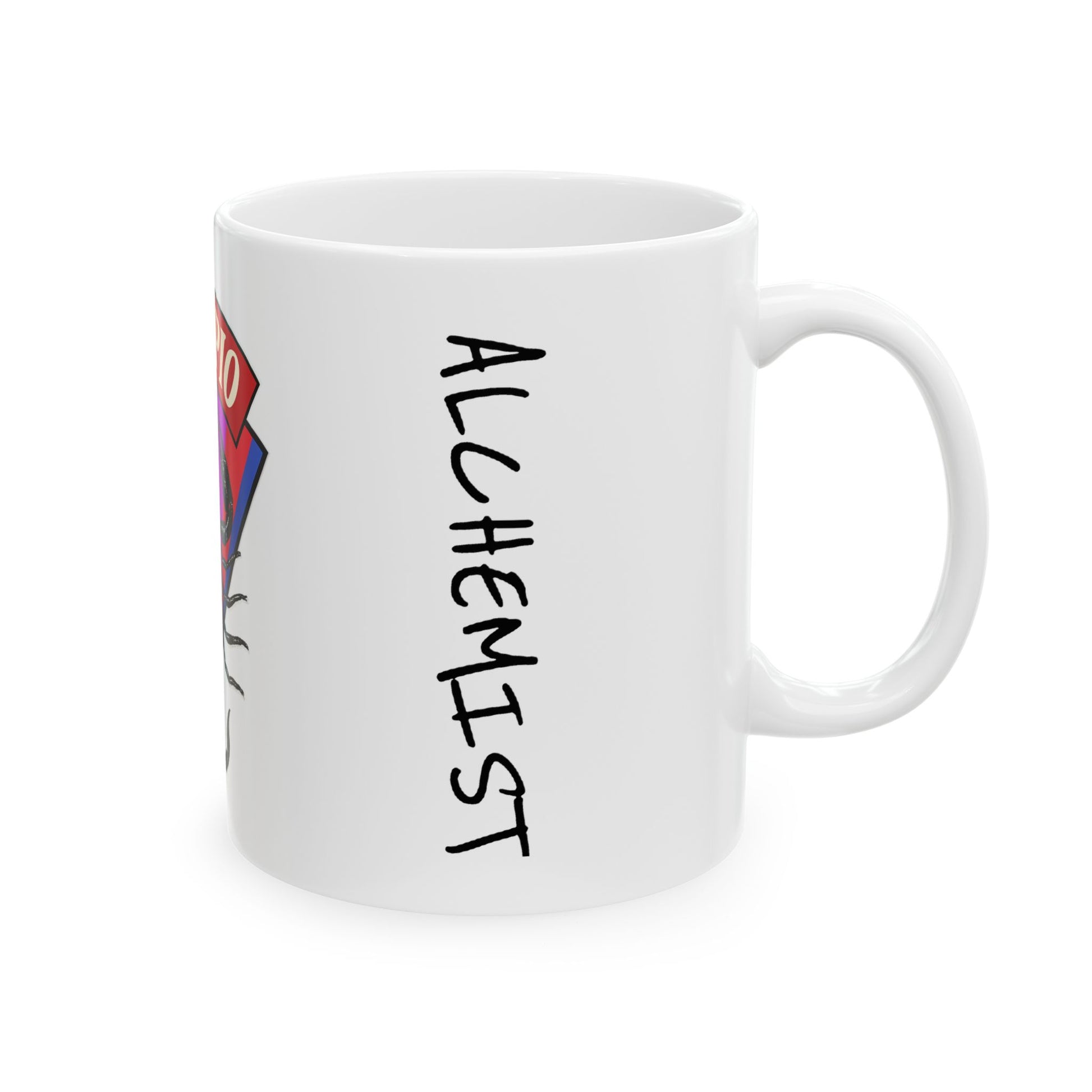 White mug with 'ALCHEMYST' text on a white background