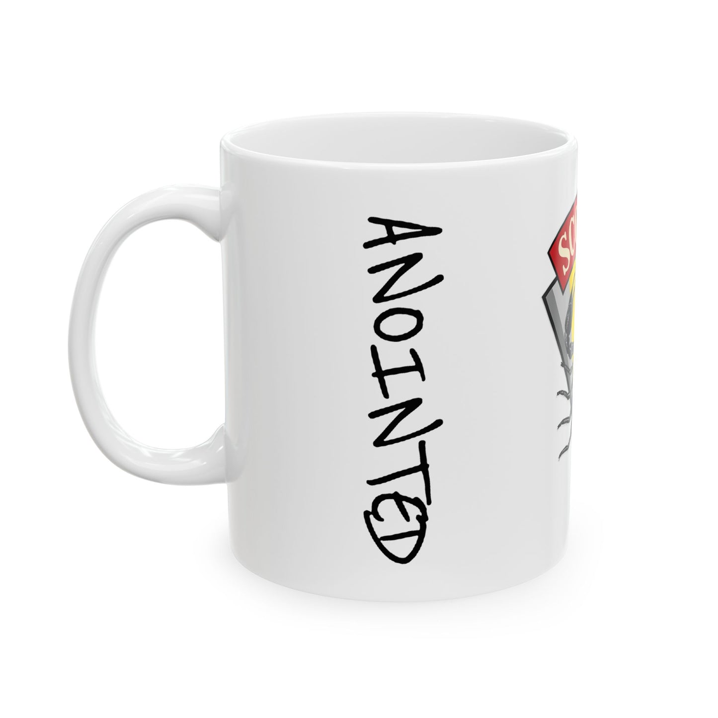White mug with 'ANOINTED' text and a religious design on a white background
