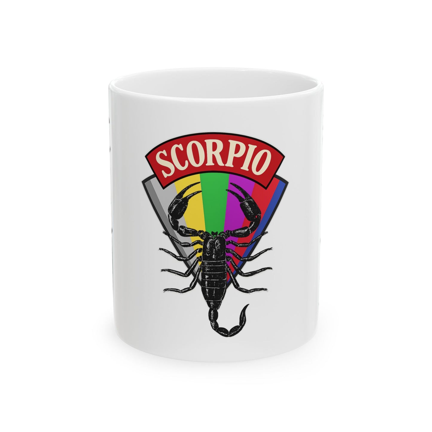 White mug with Scorpio zodiac sign design featuring a rainbow-colored circle and black scorpion illustration on a white background.