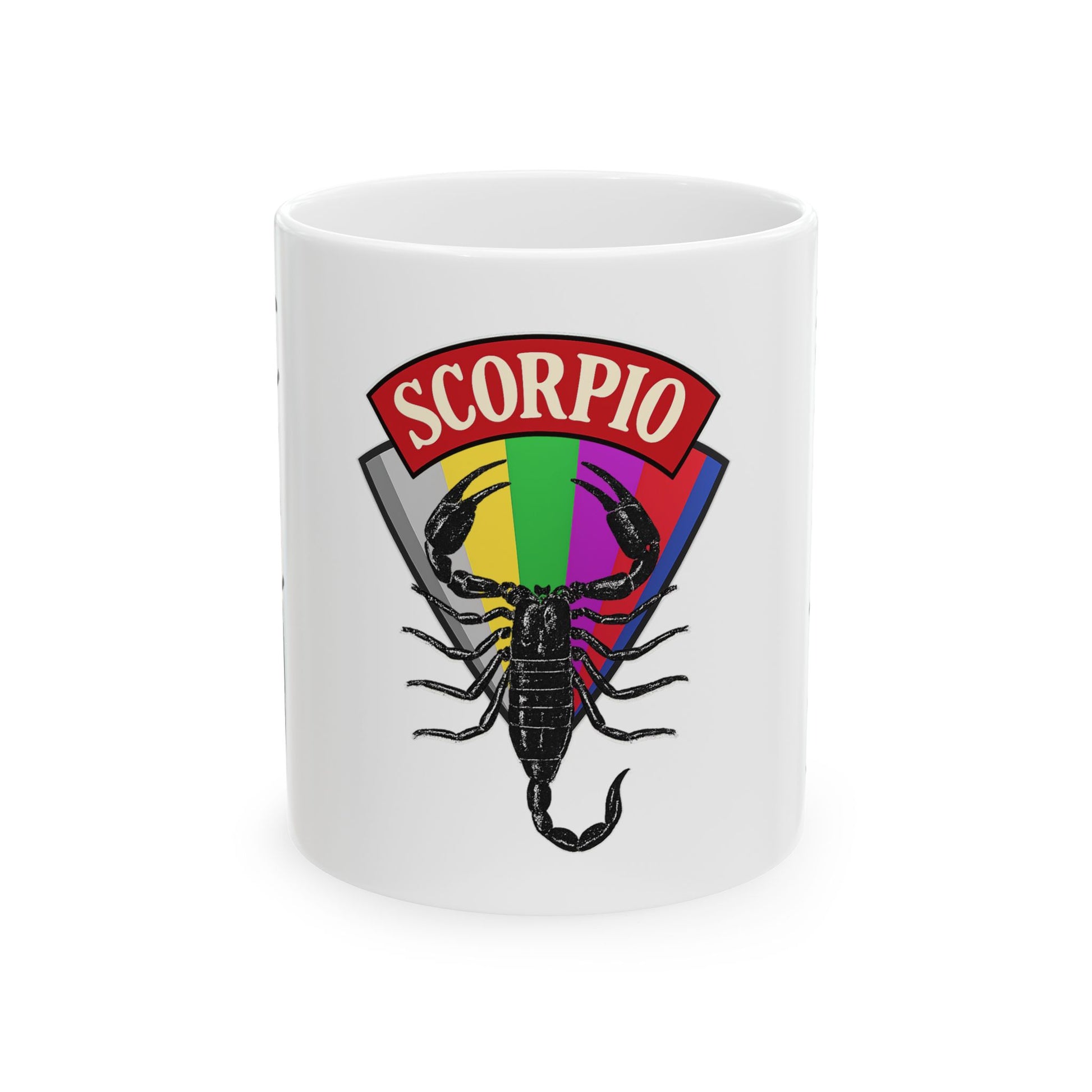 White mug with Scorpio zodiac sign design featuring a rainbow-colored circle and black scorpion illustration on a white background.