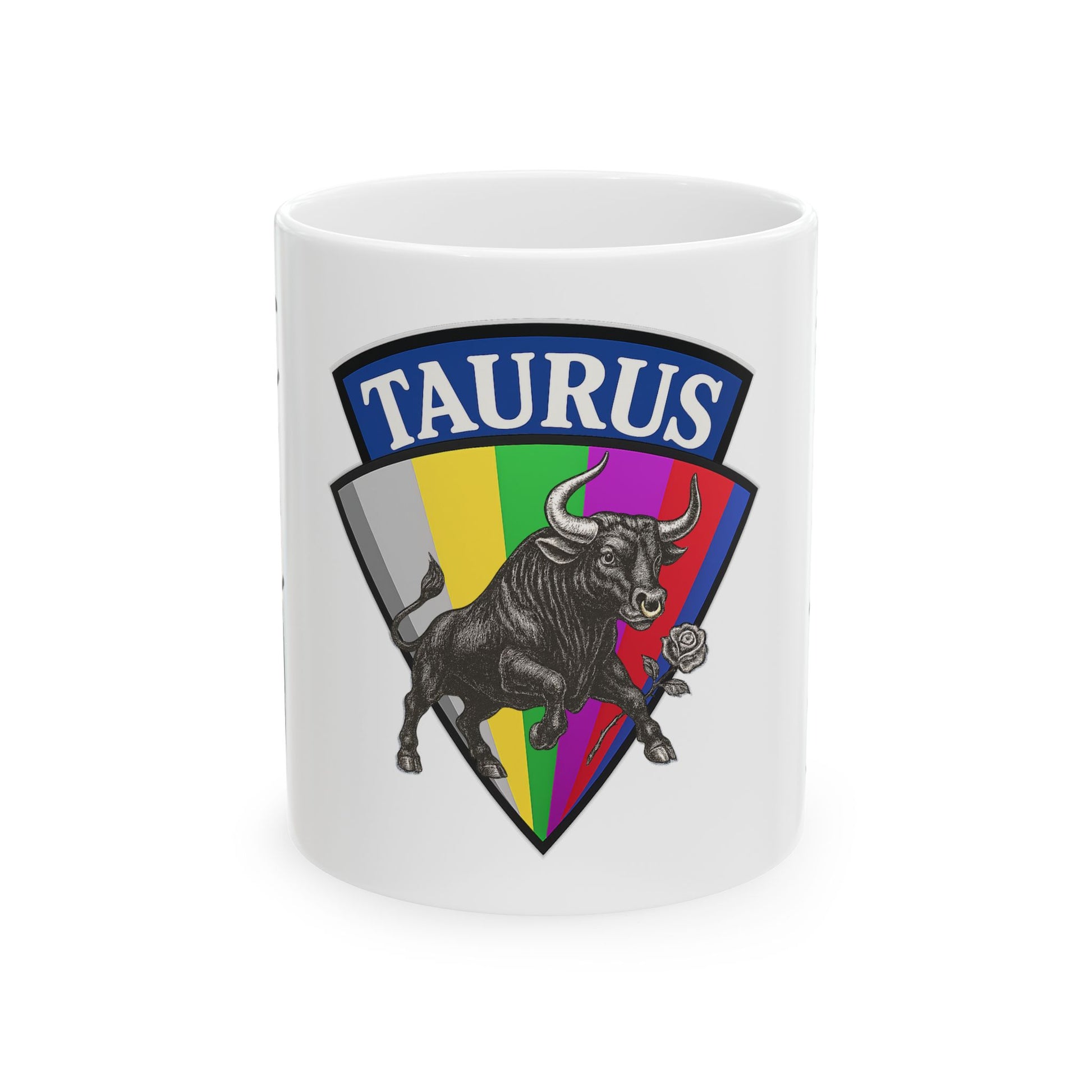 White mug with Taurus zodiac sign design on a white background