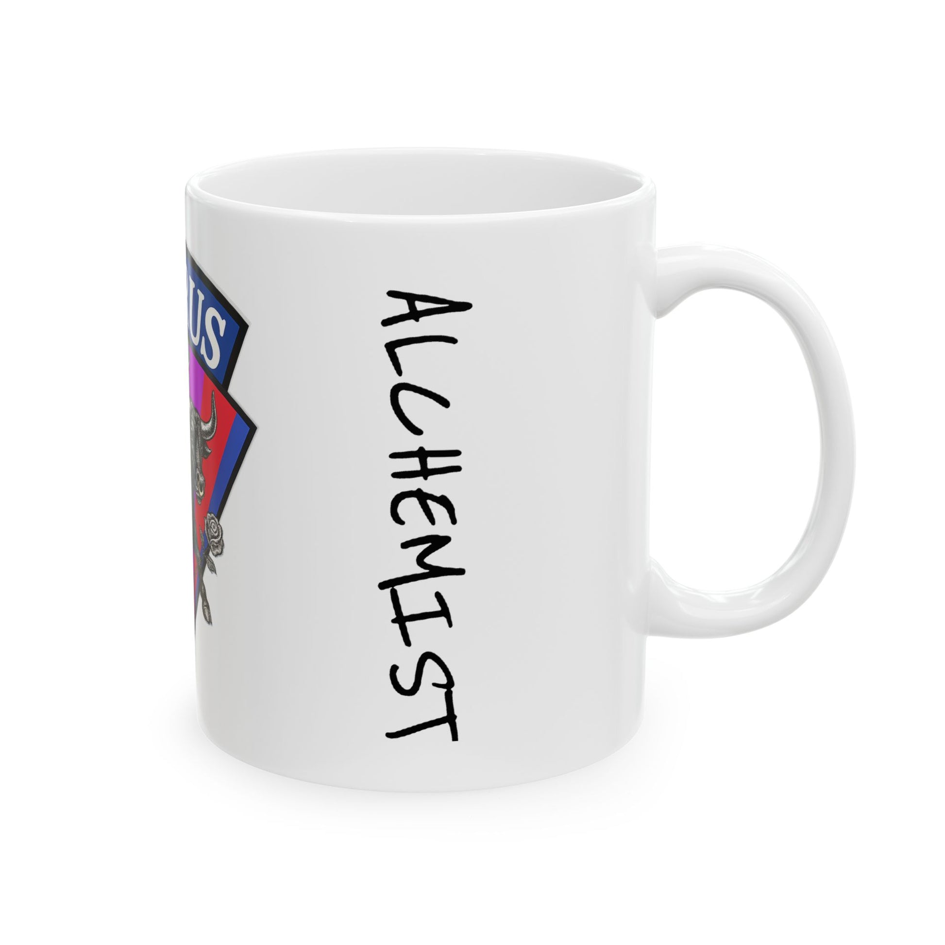 White mug with 'ALCHEMYST' text and colorful design on a white background