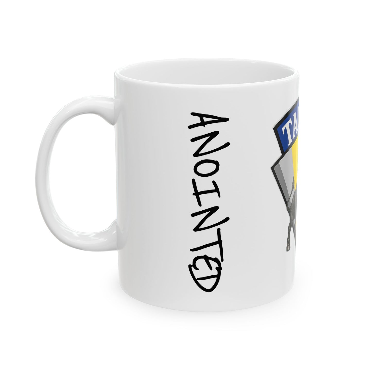 White mug with 'ANOINTED' text and a logo on a white background