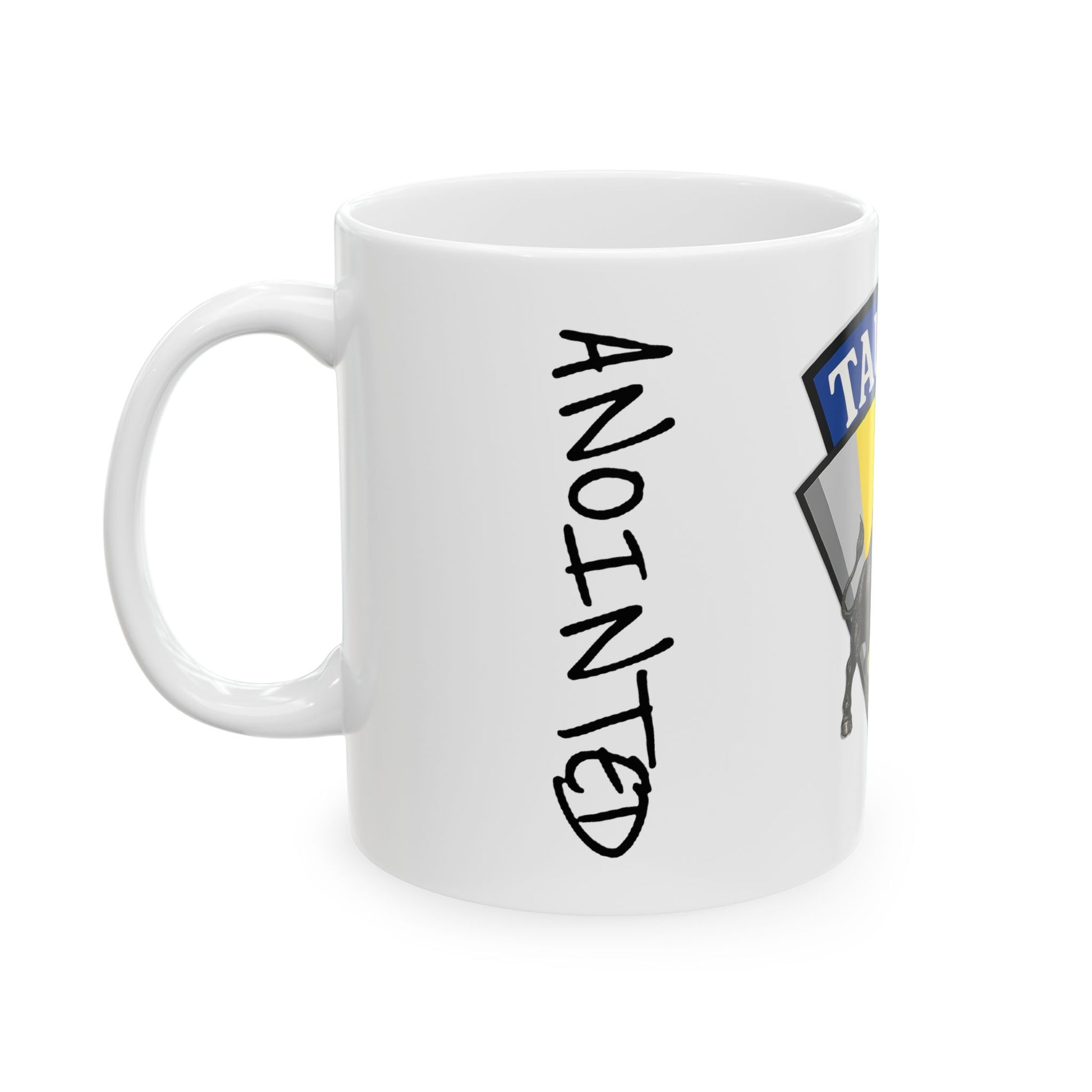 White mug with 'ANOINTED' text and a logo on a white background