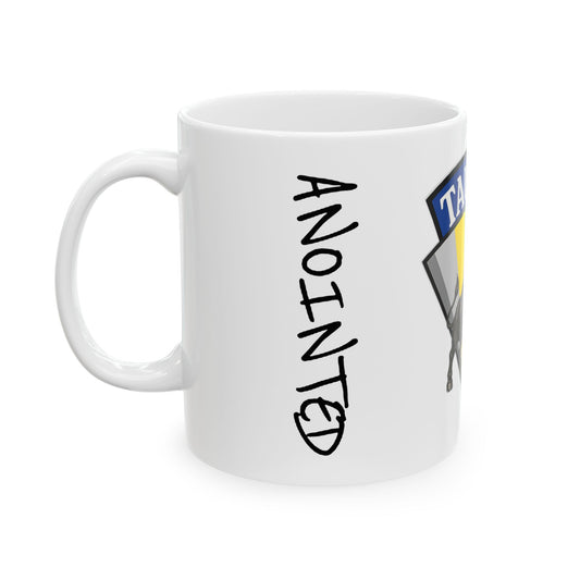 White mug with 'ANOINTED' text and a logo on a white background