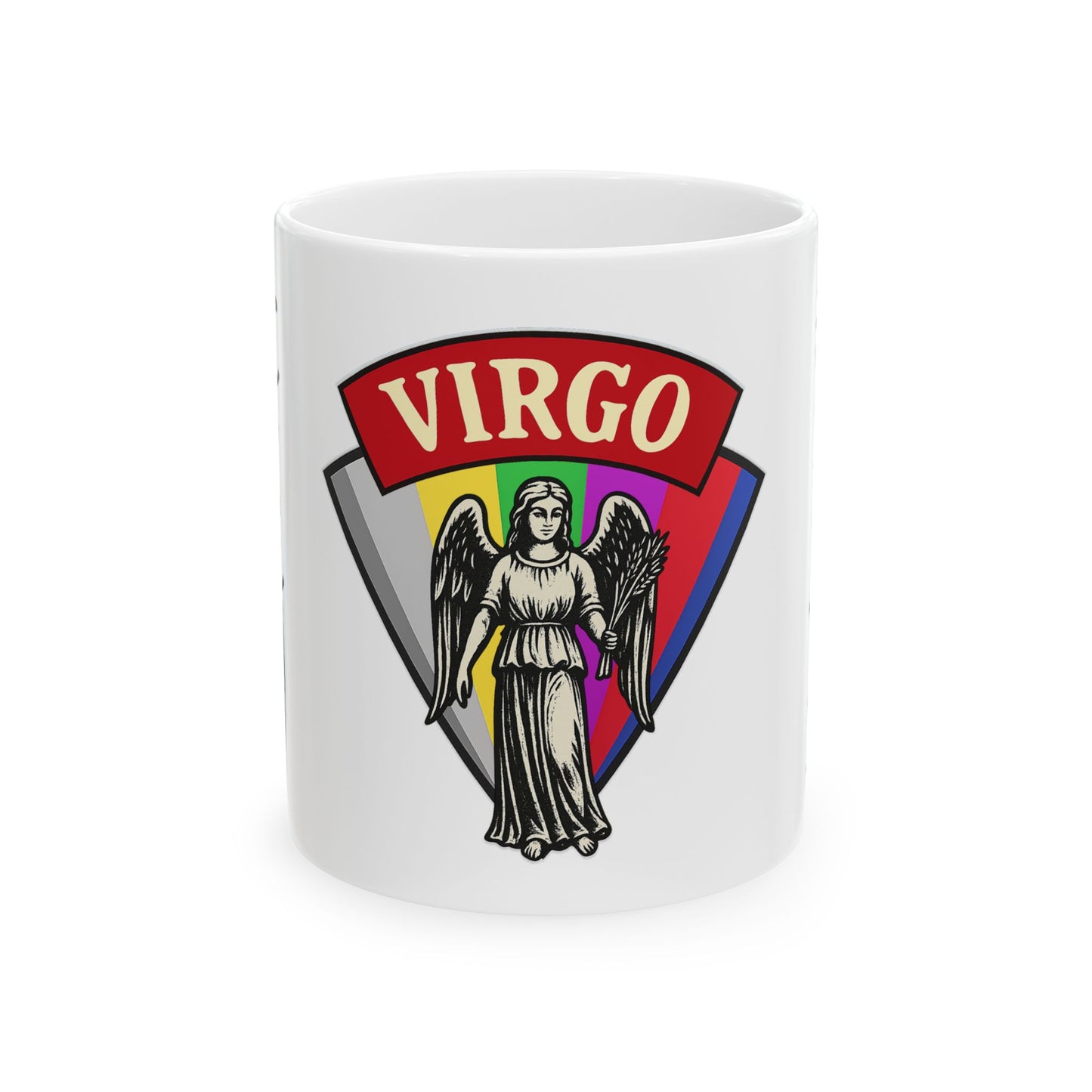 White mug with Virgo zodiac design featuring a angelic figure and colorful shield on a white background