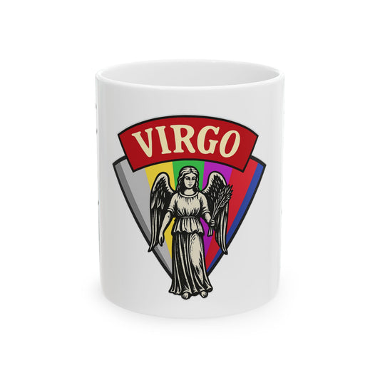 White mug with Virgo zodiac design featuring a angelic figure and colorful shield on a white background