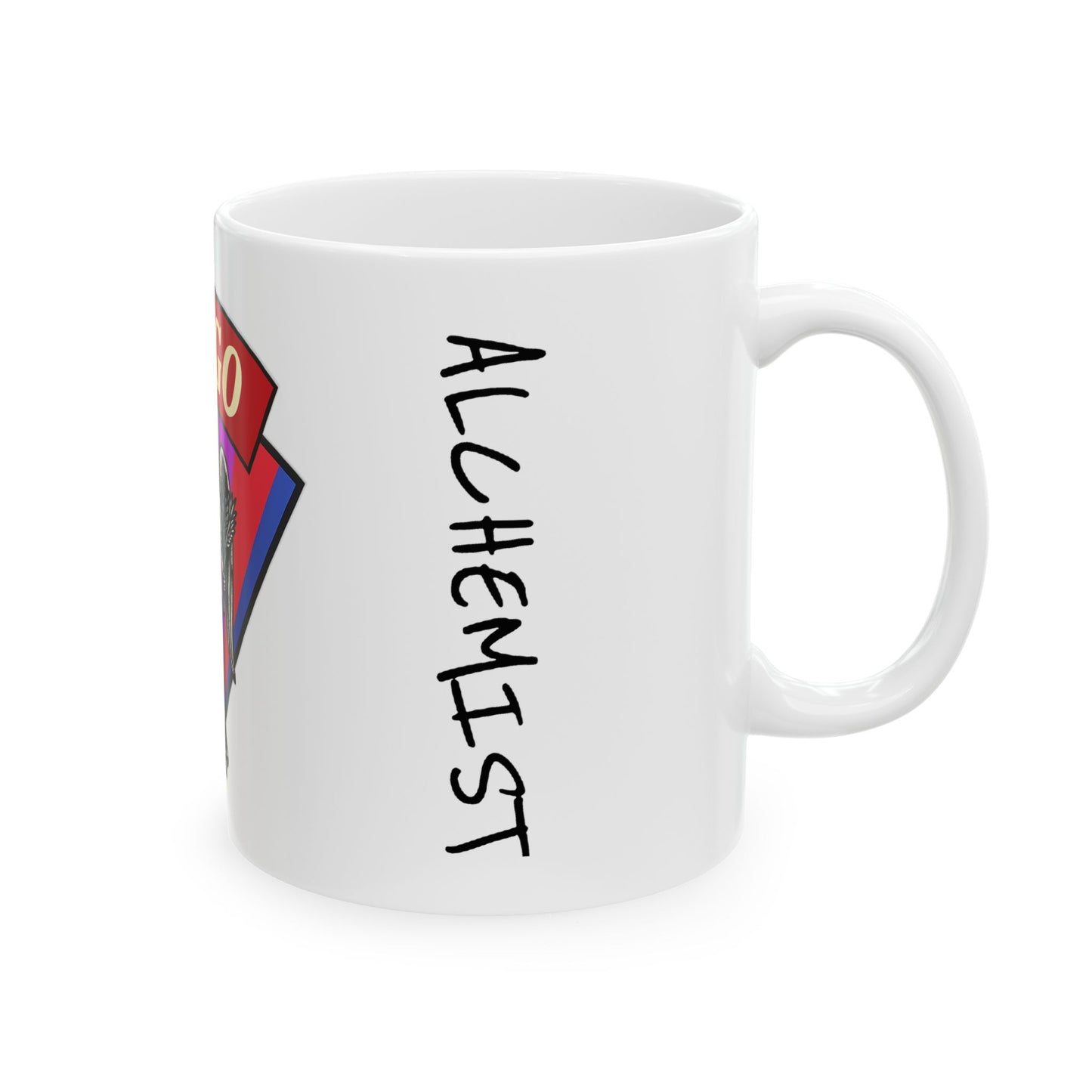 White mug with 'ALCHEMYST' text and colorful design on a white background
