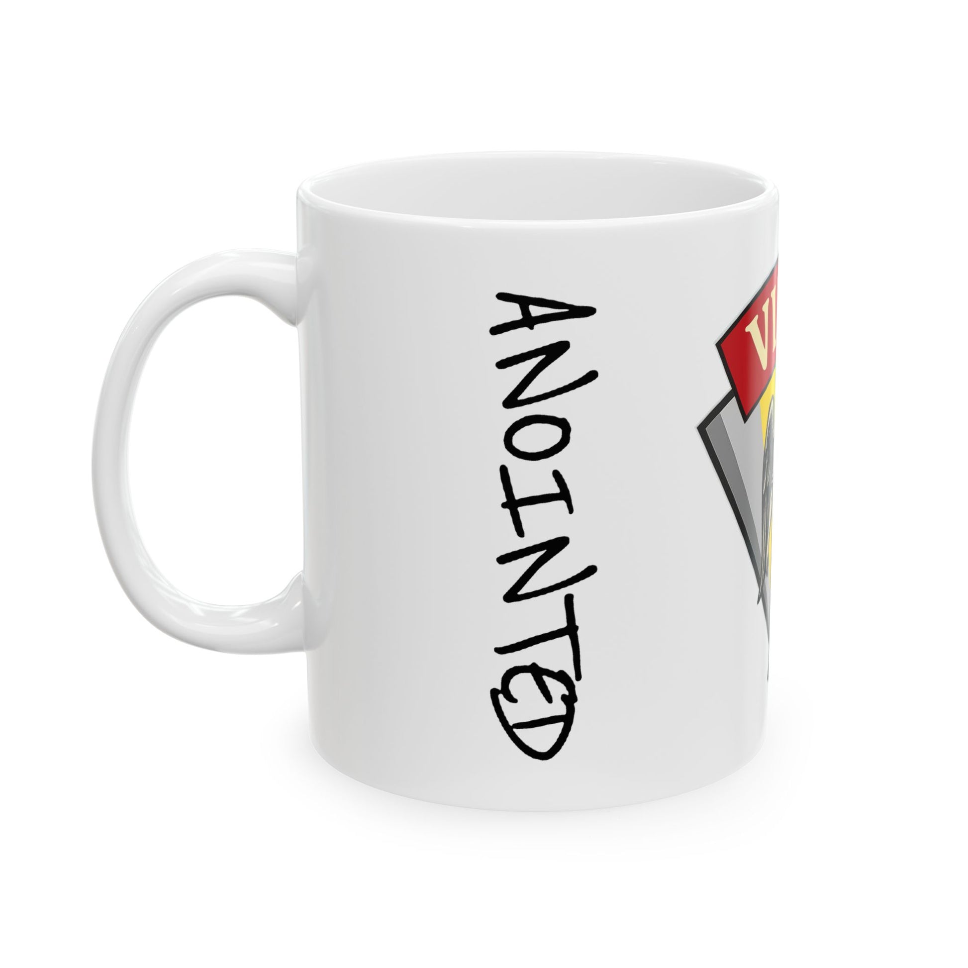 White mug with 'ANOINTED' text and a logo on a white background
