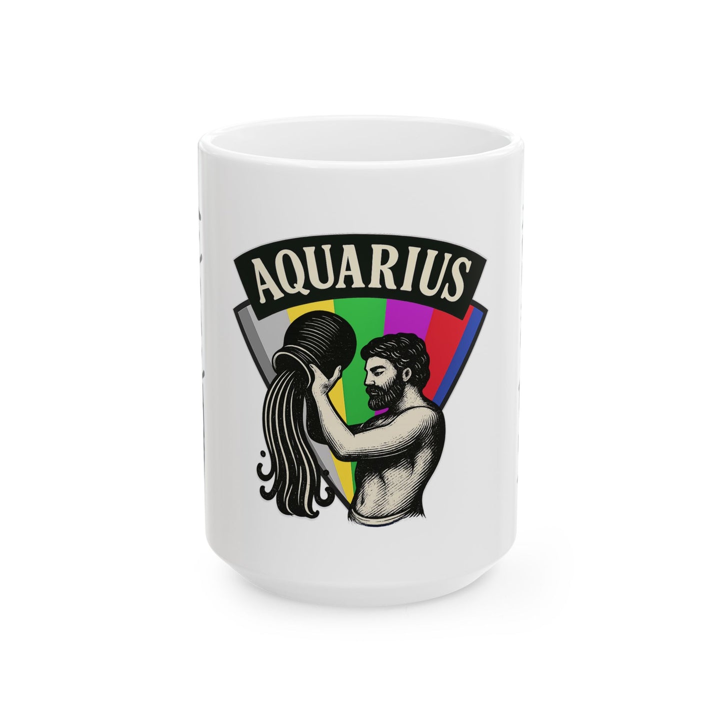 White mug with Aquarius zodiac design featuring a person with long hair and a colorful background on a white background.