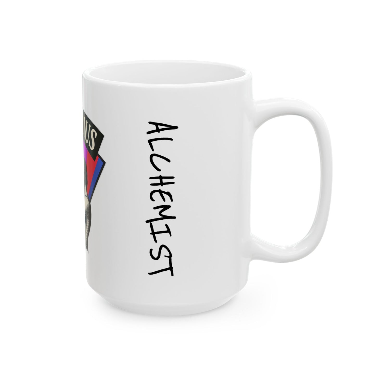 White mug with 'Alchemist' text and colorful triangle design on a white background