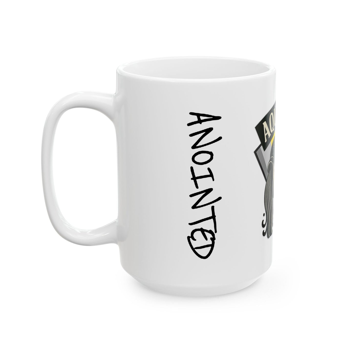 White mug with 'Anointed' text and logo on a white background