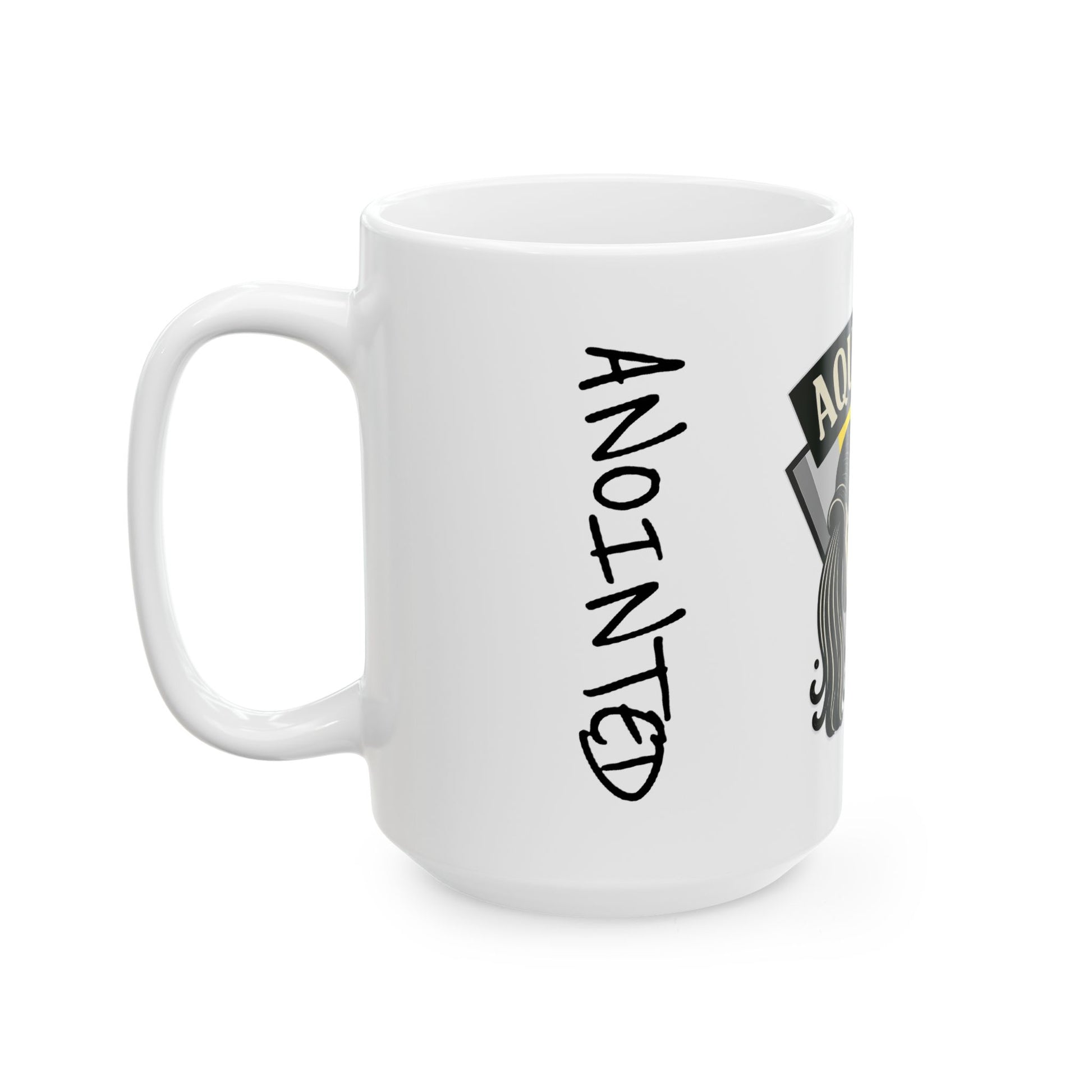 White mug with 'Anointed' text and logo on a white background