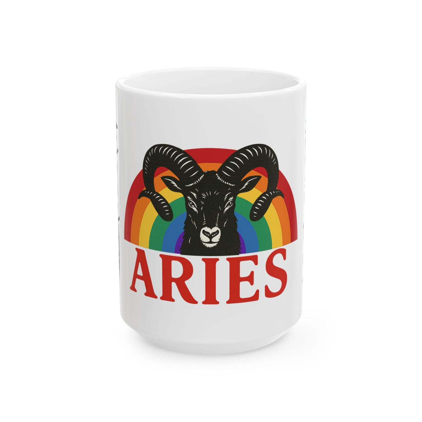 White mug with Aries zodiac sign design featuring a rainbow circle on a white background