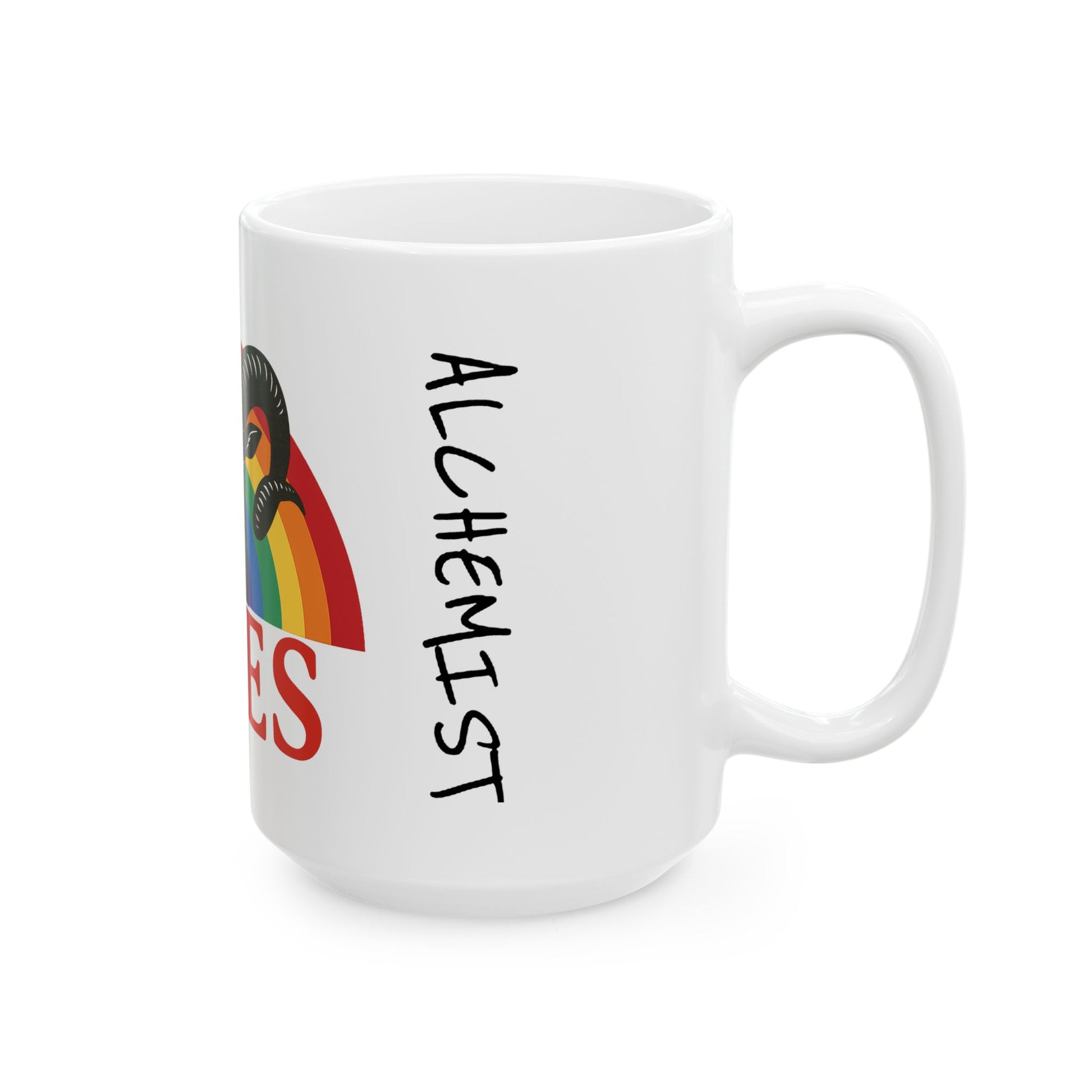White mug with colorful design and text on a white background