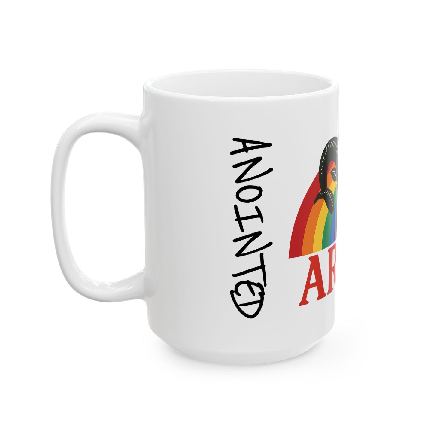 White mug with rainbow design and text on a white background