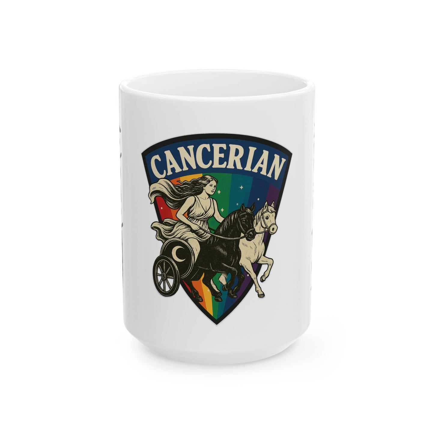 White mug with Cancerian design featuring a woman and horse on a rainbow background.