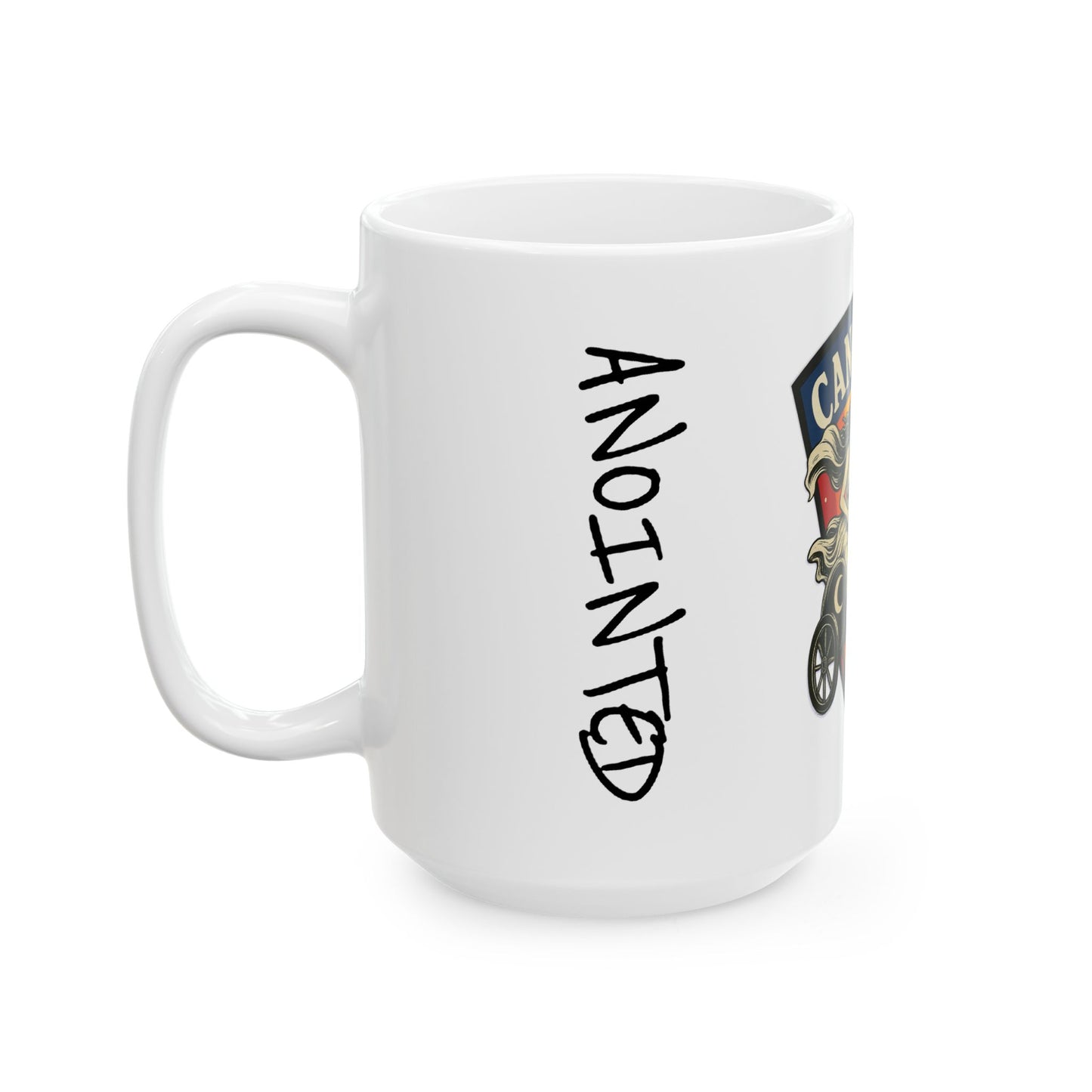 White mug with 'ANOINTED' text and a logo on a white background