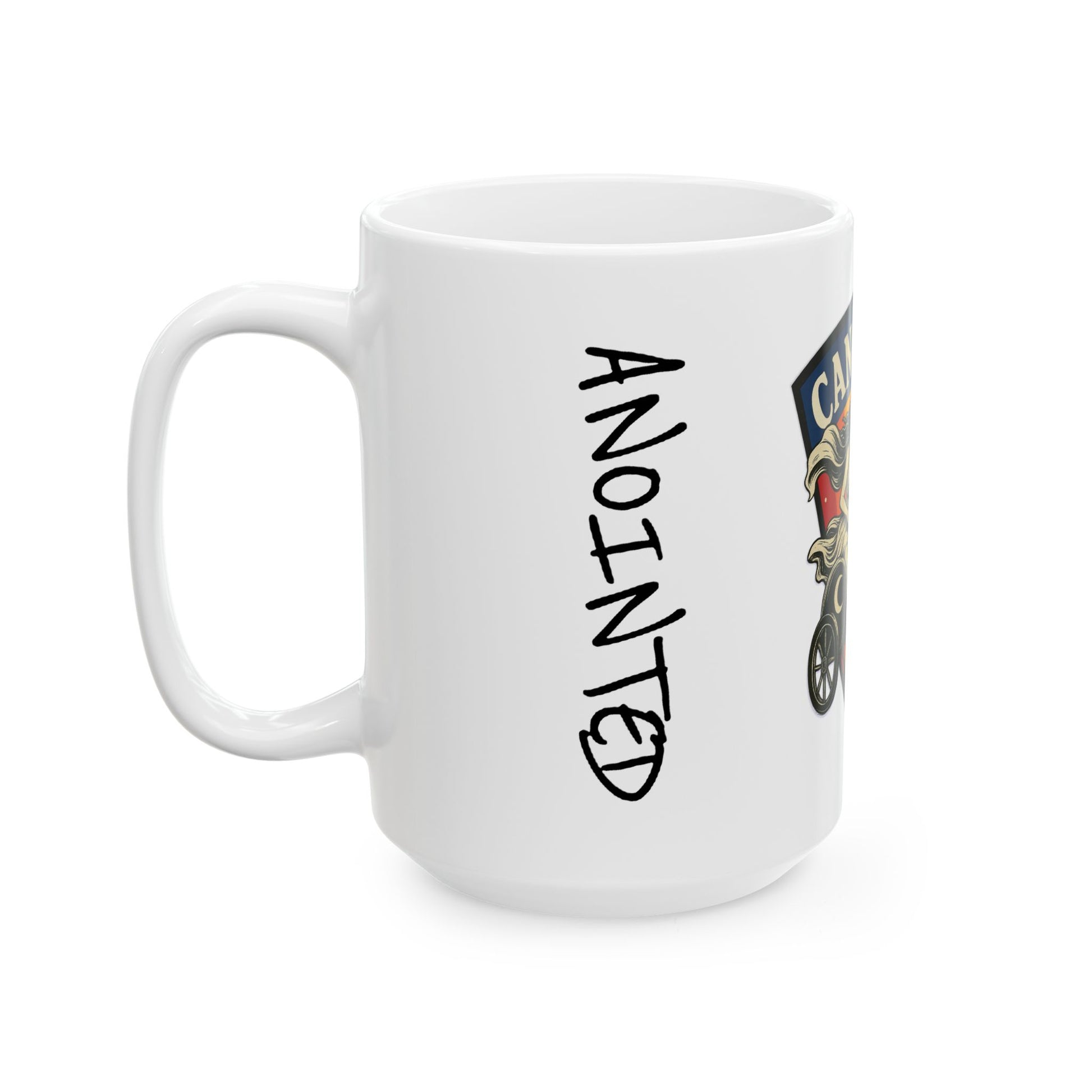 White mug with 'ANOINTED' text and a logo on a white background