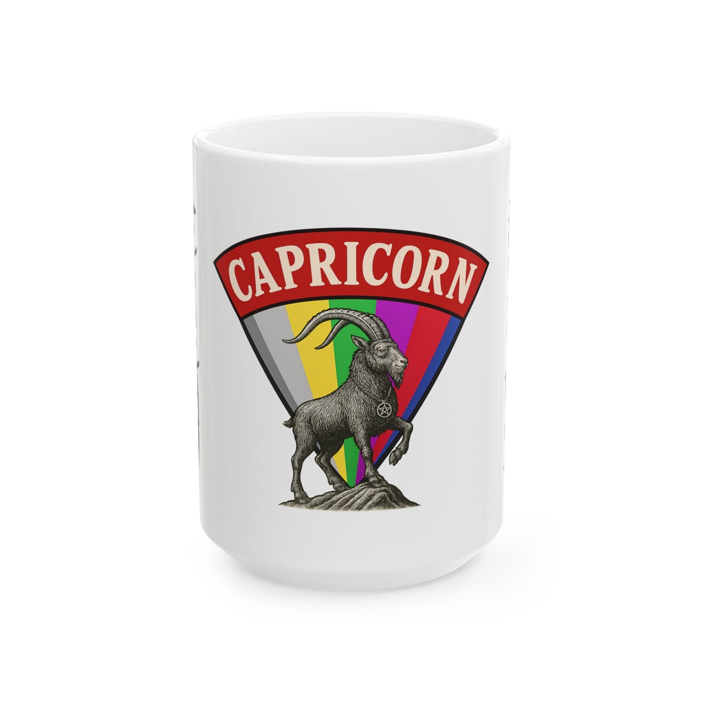White mug with Capricorn zodiac design featuring a goat and rainbow colors on a white background