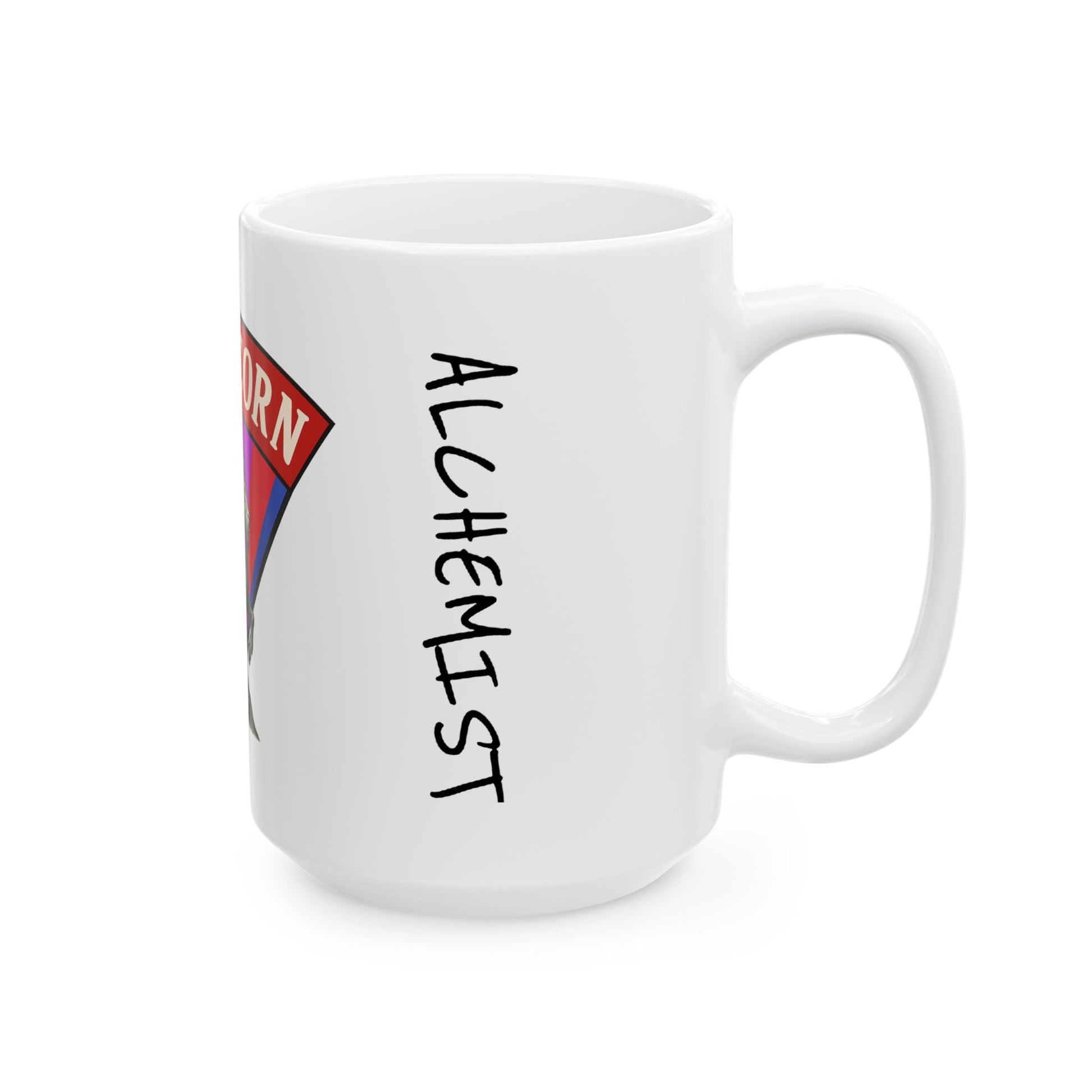 White mug with 'ALCHEMIST' text and colorful design on a white background