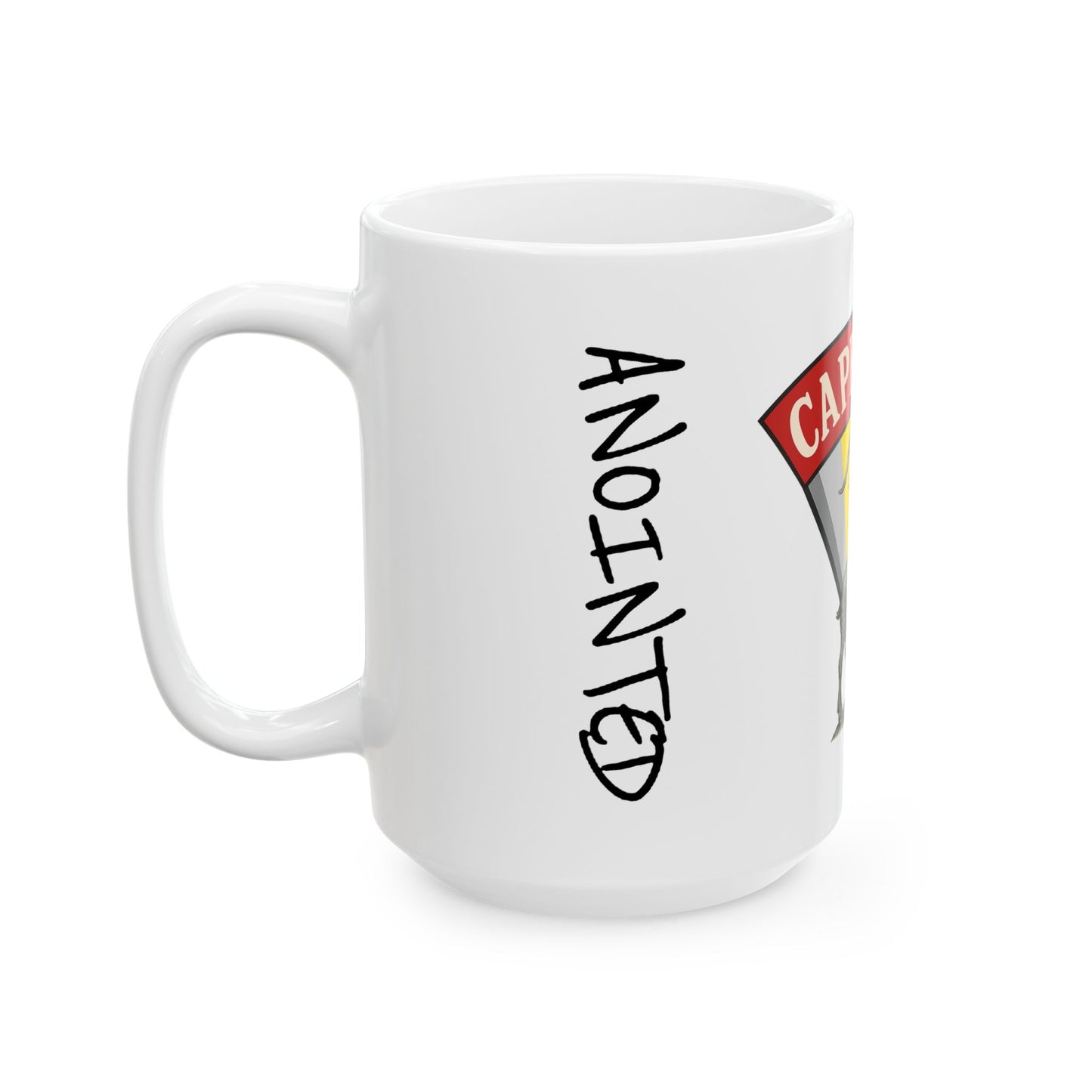 White mug with 'ANOINTED' text and a caution sign graphic on a white background