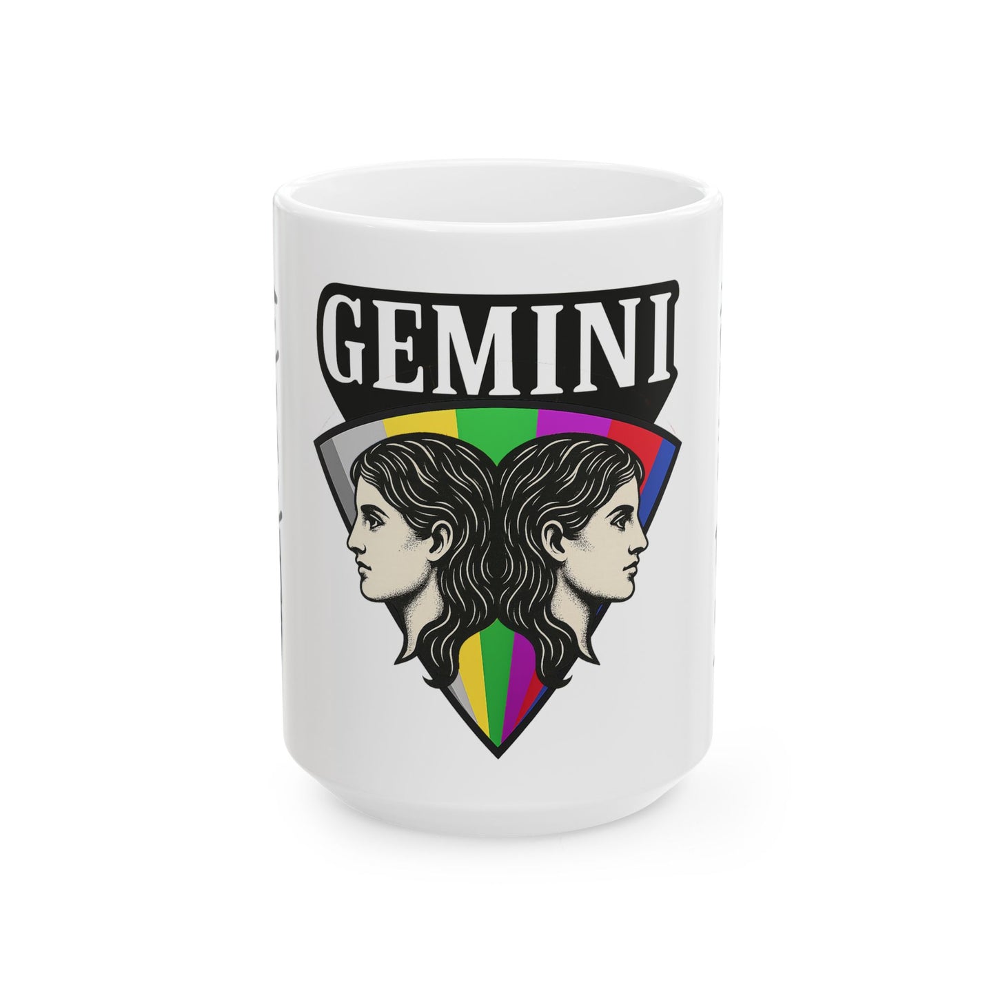 White mug with Gemini zodiac design on a white background