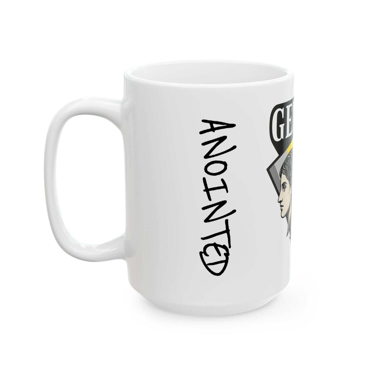 White mug with 'ANOINTED' text and a graphic of a person on a white background