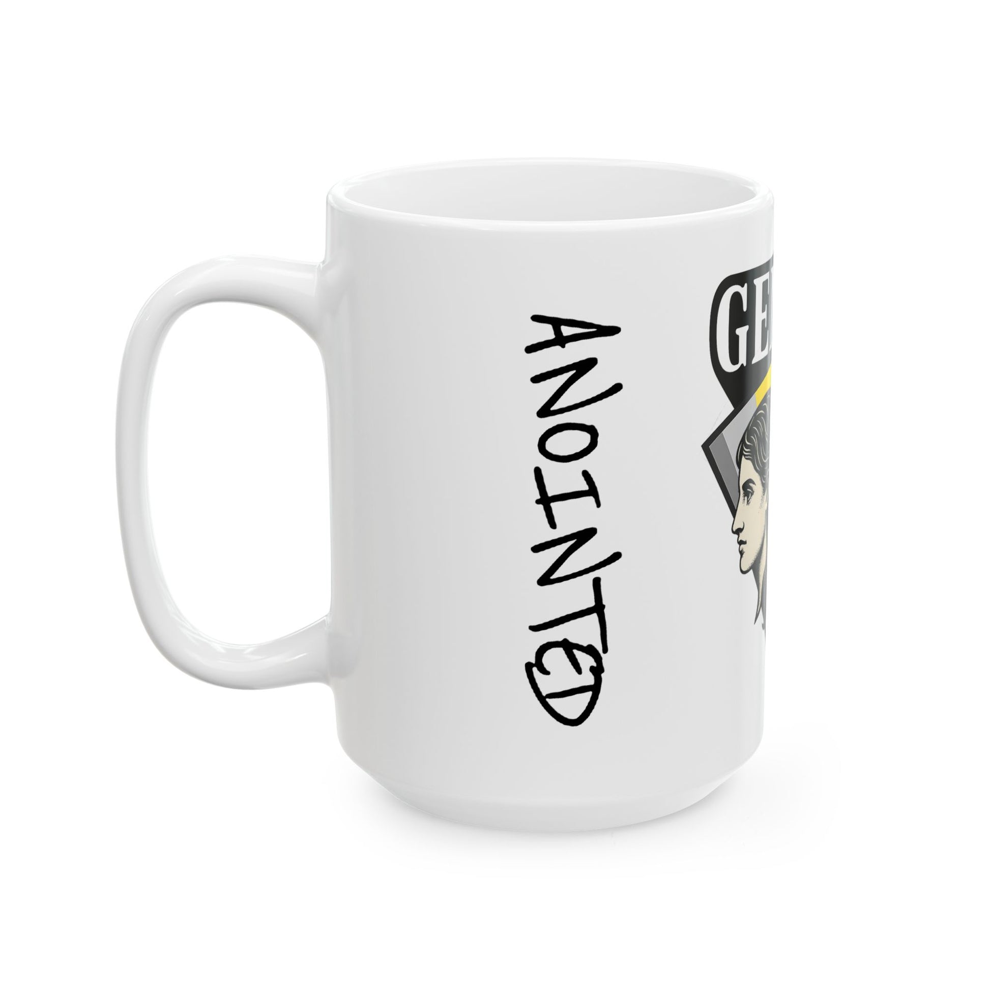 White mug with 'ANOINTED' text and a graphic of a person on a white background