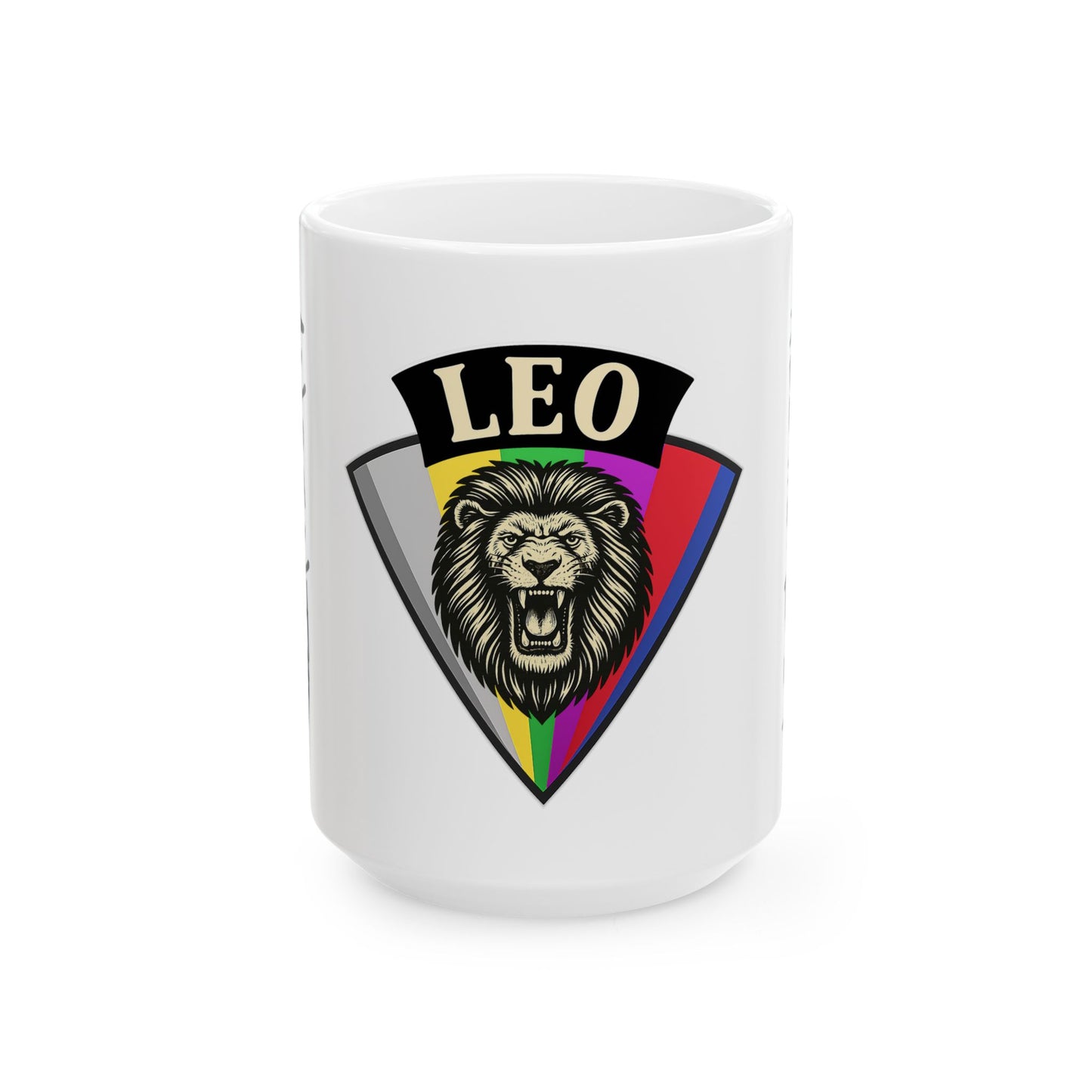 White mug with Leo zodiac sign design featuring a lion and rainbow colors on a white background