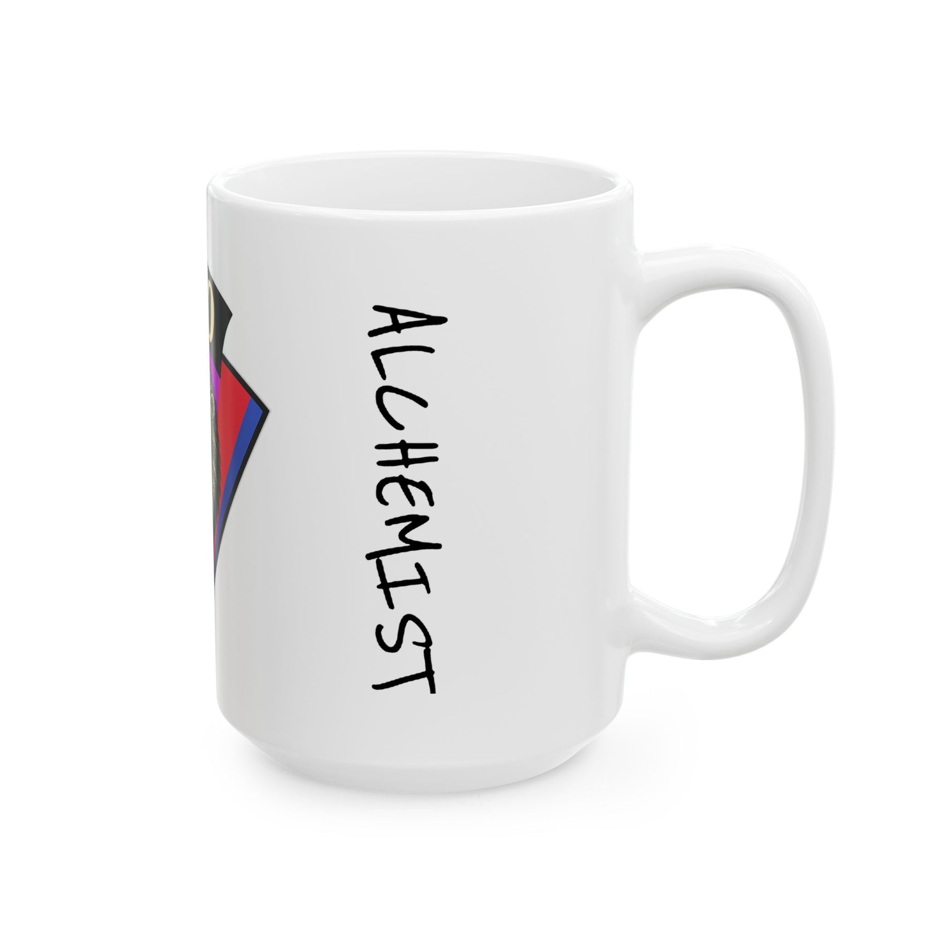 White mug with 'ALCHEMIST' text and colorful design on a white background