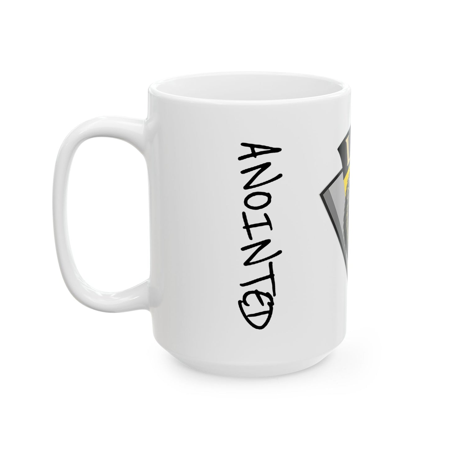 White mug with 'ANOINTED' text and a cross design on a white background