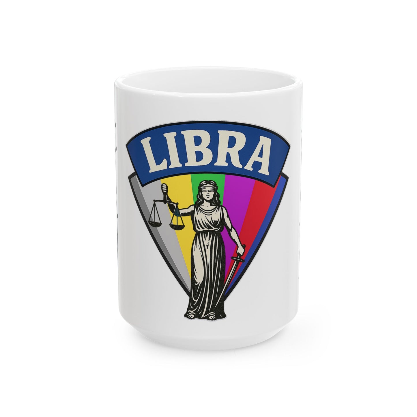 White mug with Libra zodiac sign design featuring a figure holding scales on a colorful background.