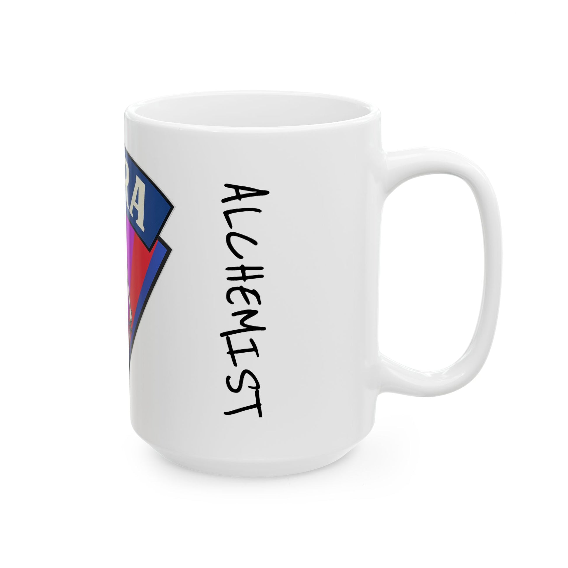 White mug with 'Alchemist' text and colorful design on a white background