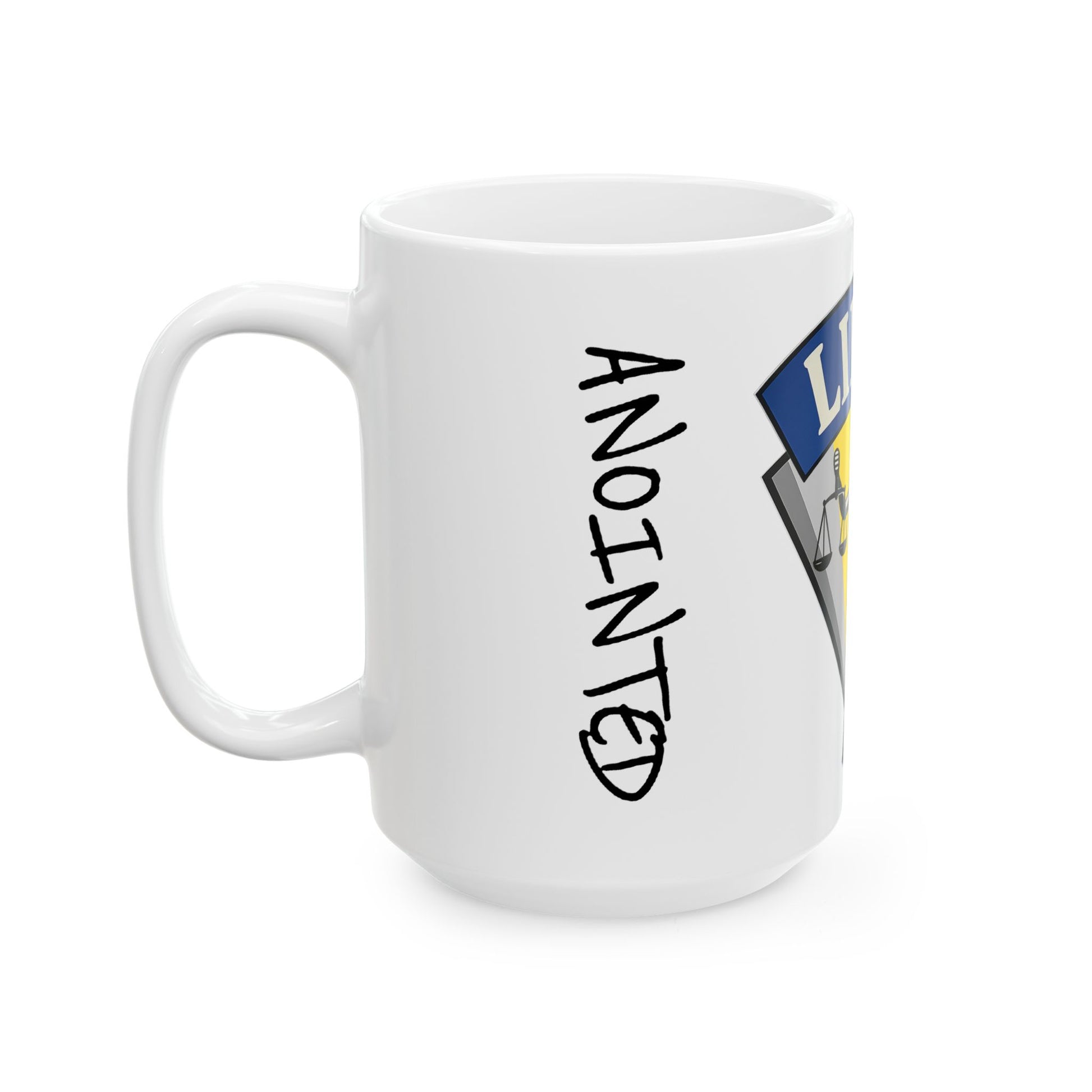 White mug with 'ANOINTED' text and logo on a white background