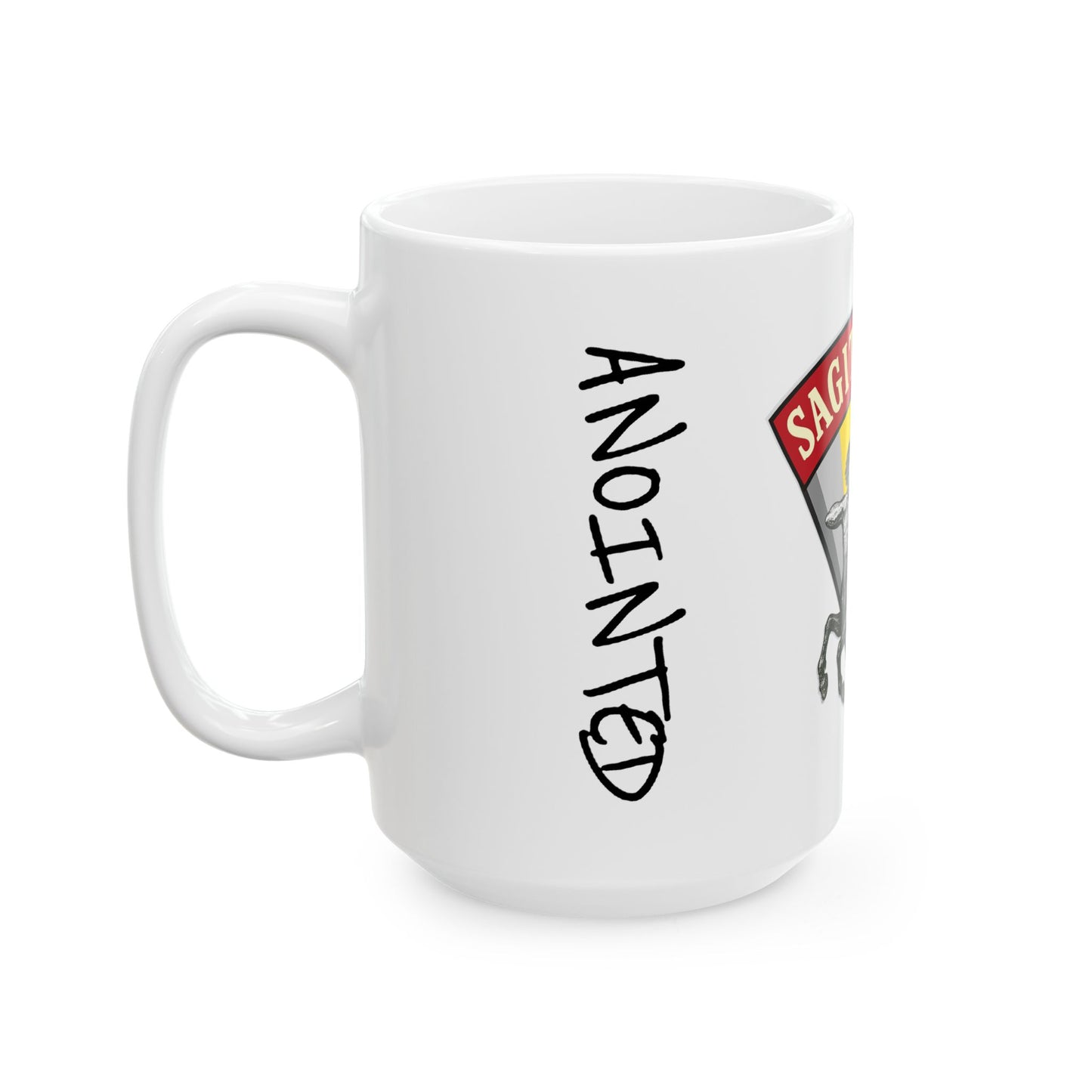 White mug with 'ANOINTED' text and a logo on a white background