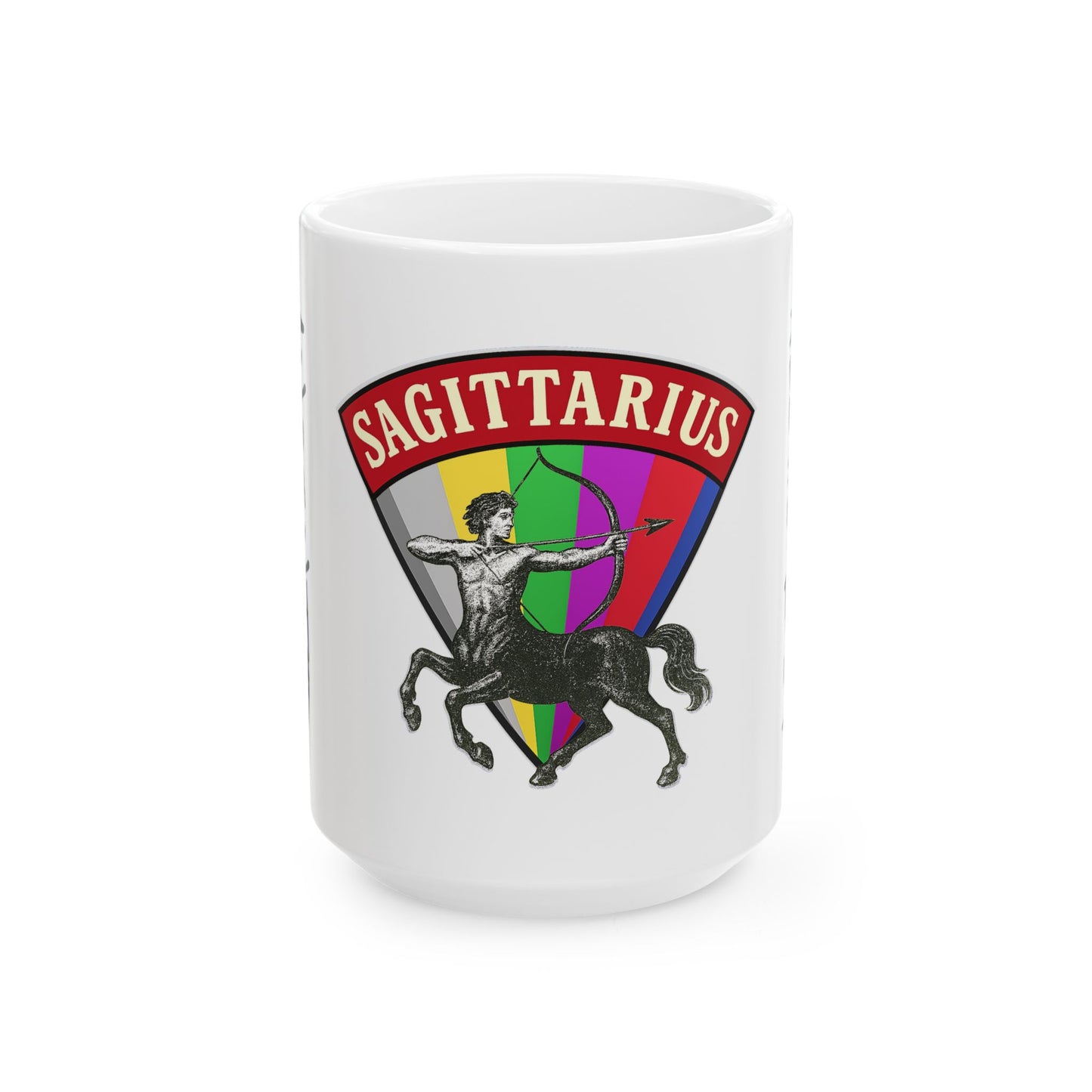 White mug with Sagittarius zodiac sign design on a white background