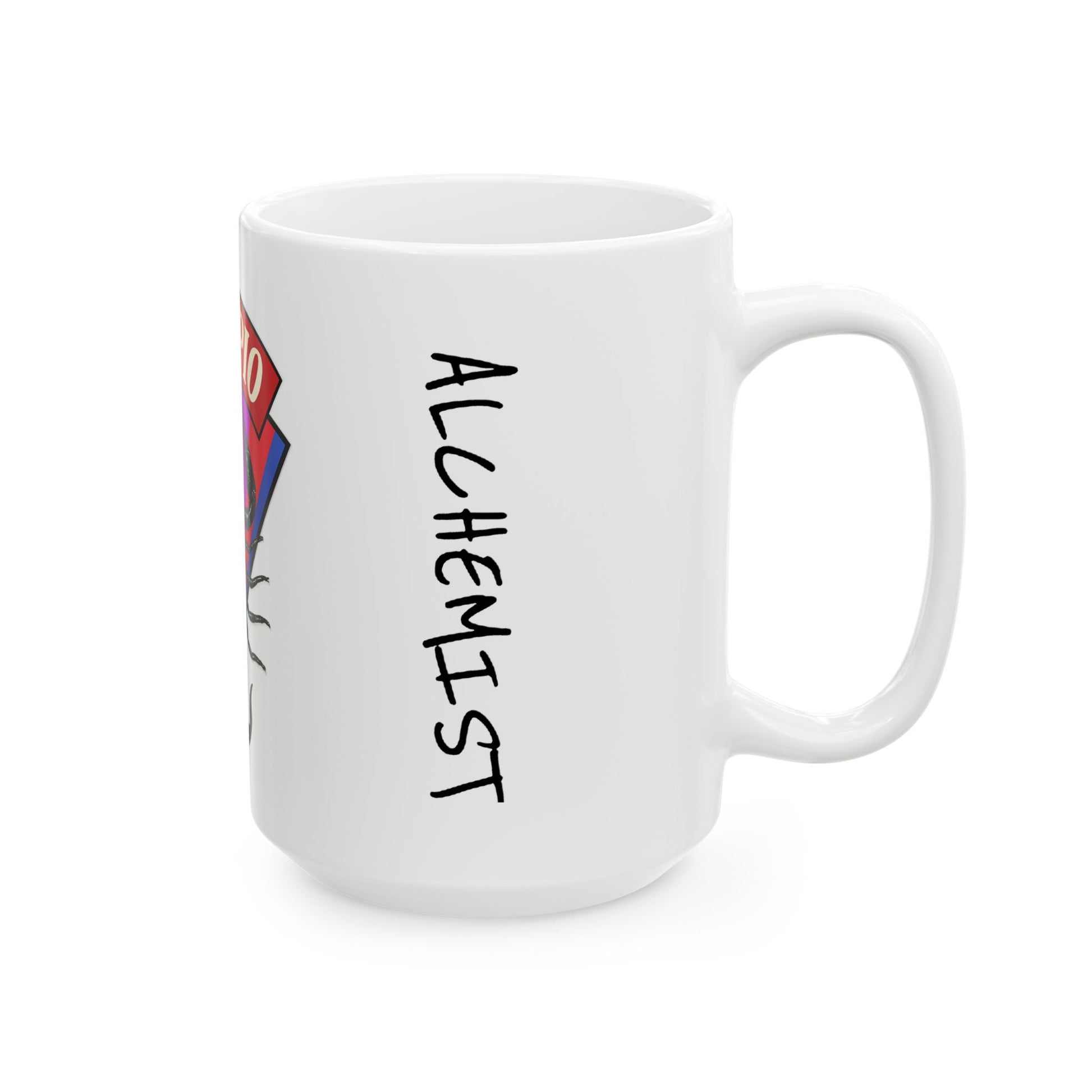 White mug with 'ALCHEMYST' text on a white background