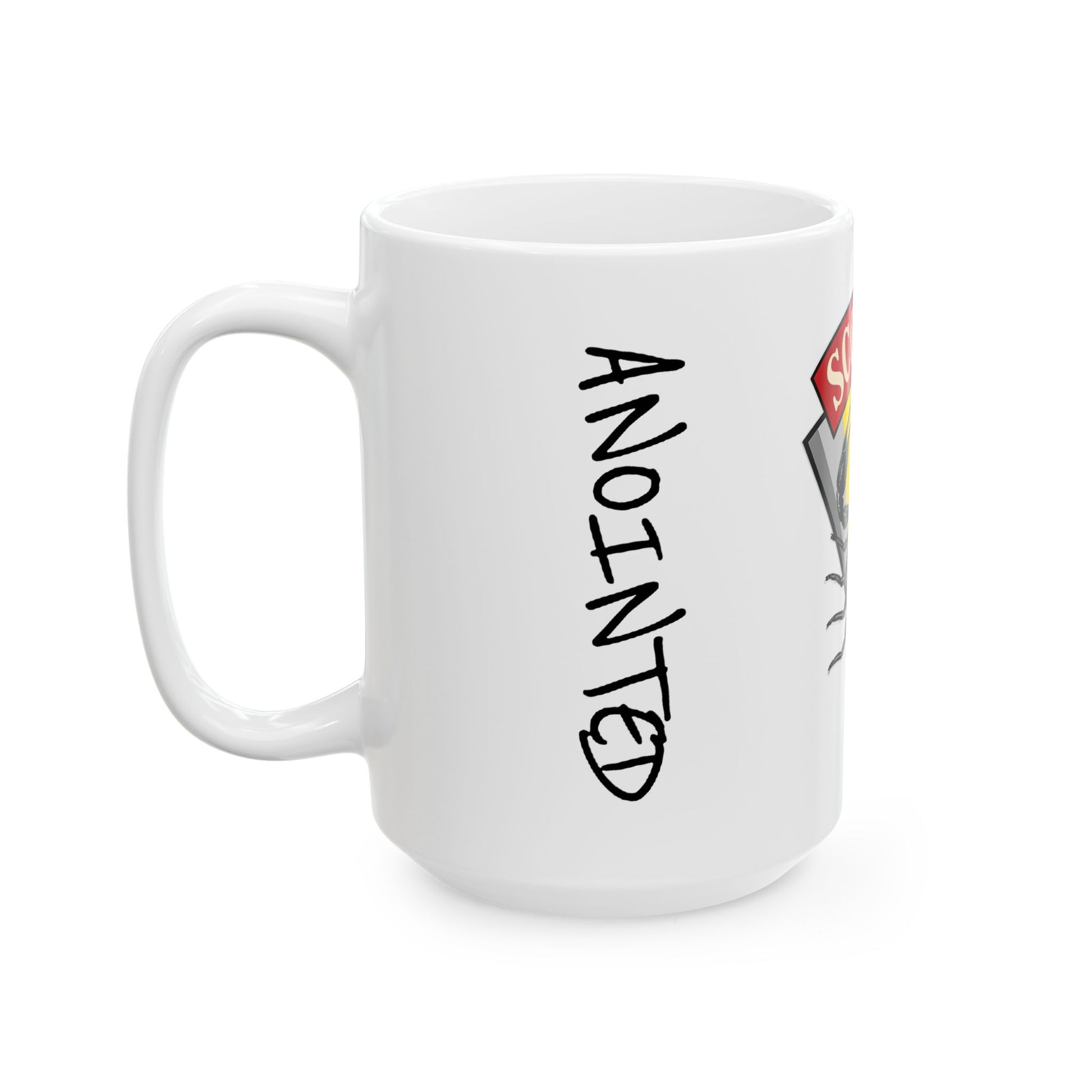 White mug with 'ANOINTED' text and a cross design on a white background