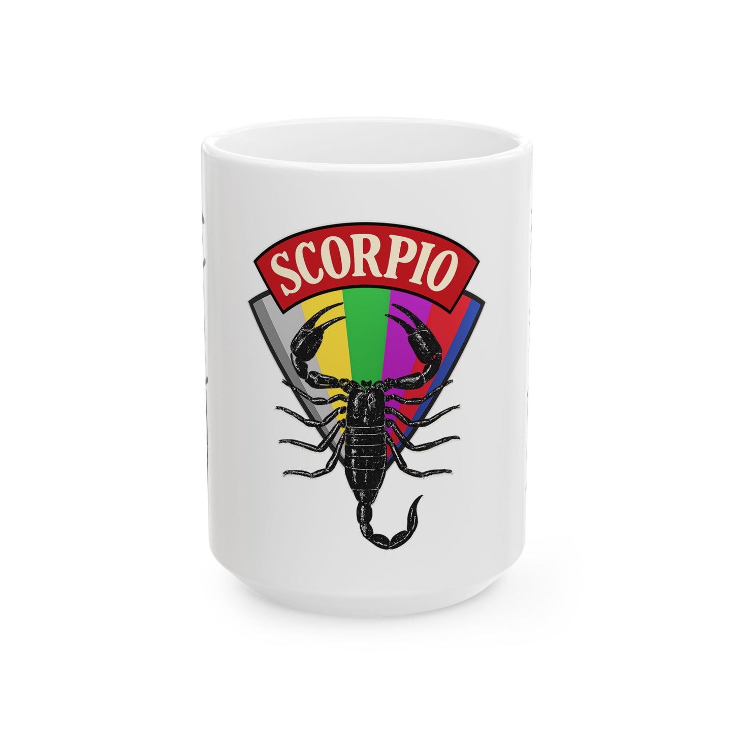White mug with Scorpio zodiac sign design featuring a rainbow-colored arc above a scorpion illustration on a white background.