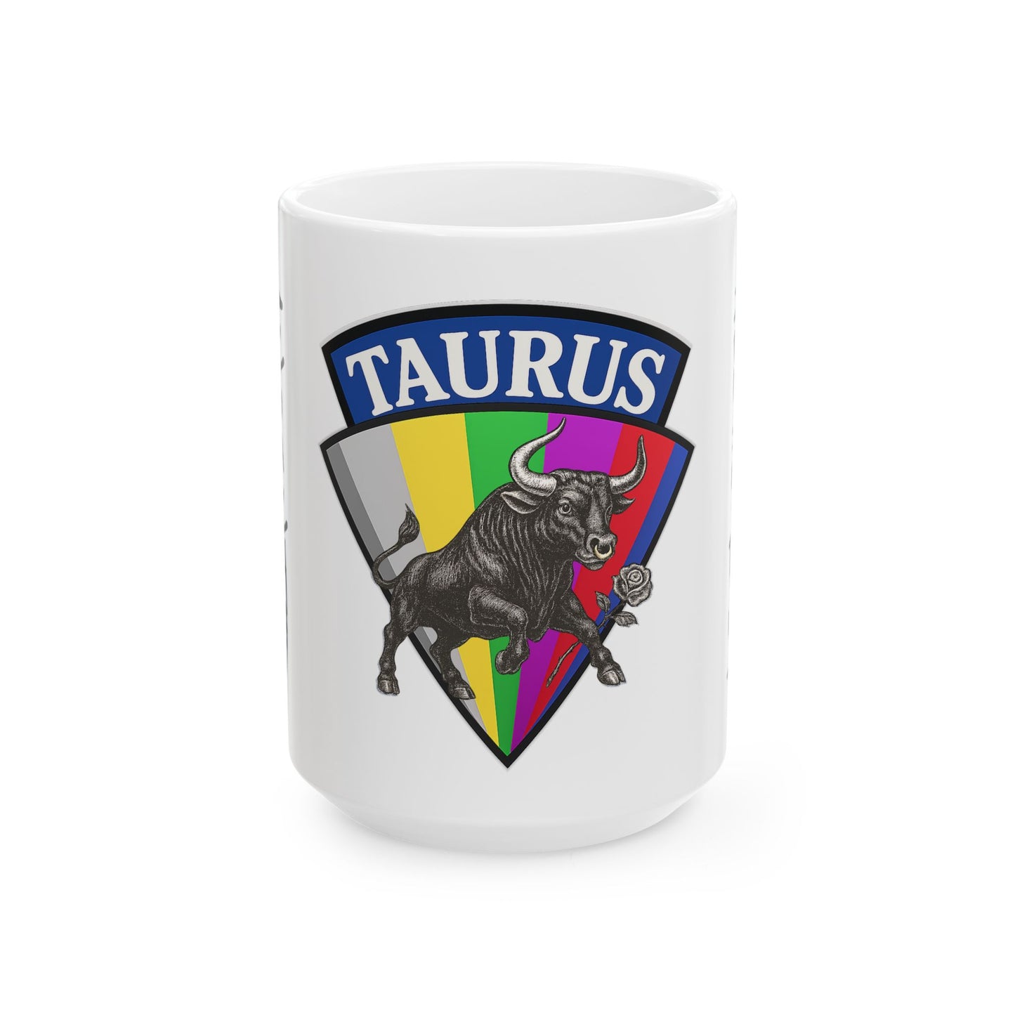 White mug with Taurus zodiac sign design on a white background