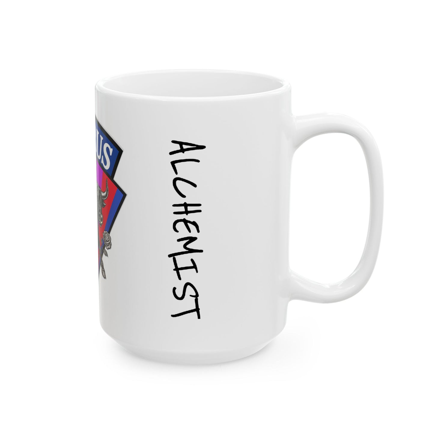 White mug with 'Alchemist' text and logo on a white background