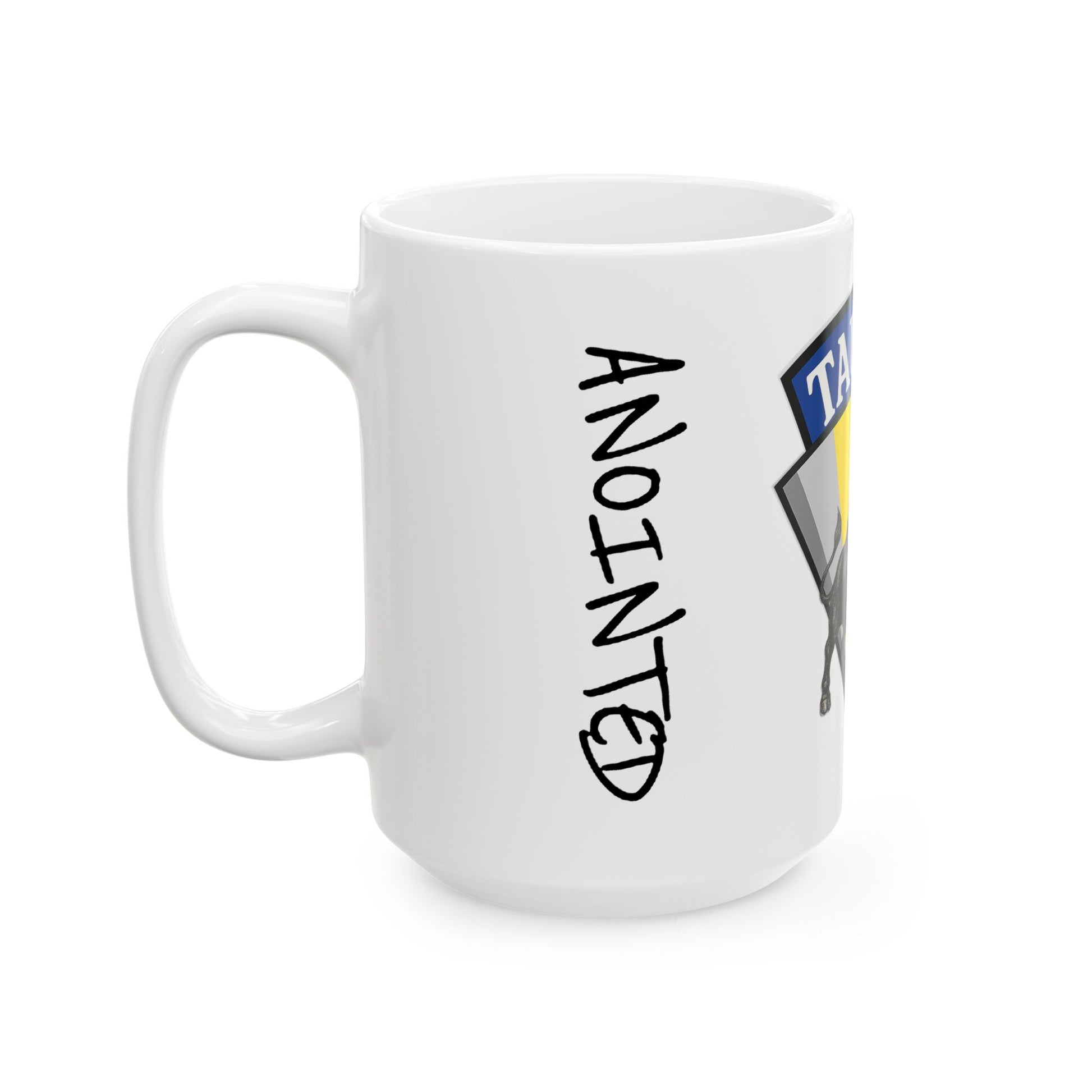 White mug with 'ANOINTED' text and a logo on a white background